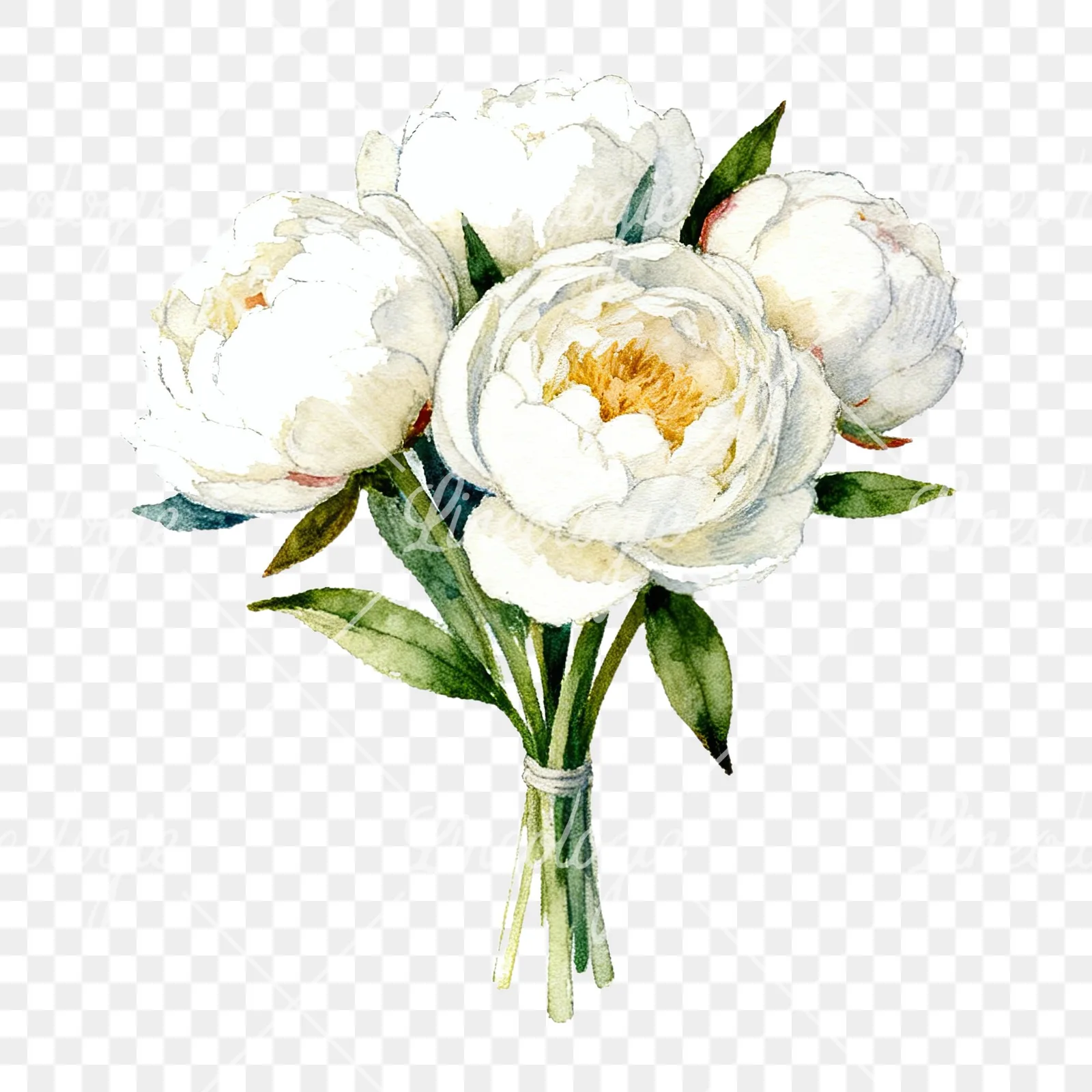 Watercolor white peony bouquet with green leaves clipart 1 of 9 on a transparent background (PNG)