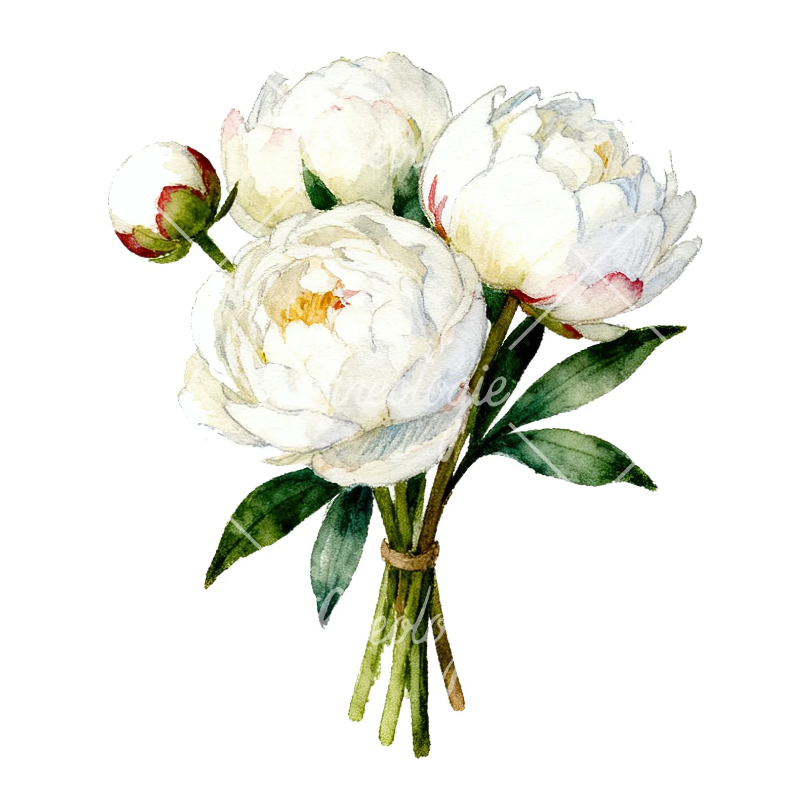 Watercolor white peony bouquet with green leaves clipart 2 of 9 on a white background (JPG)