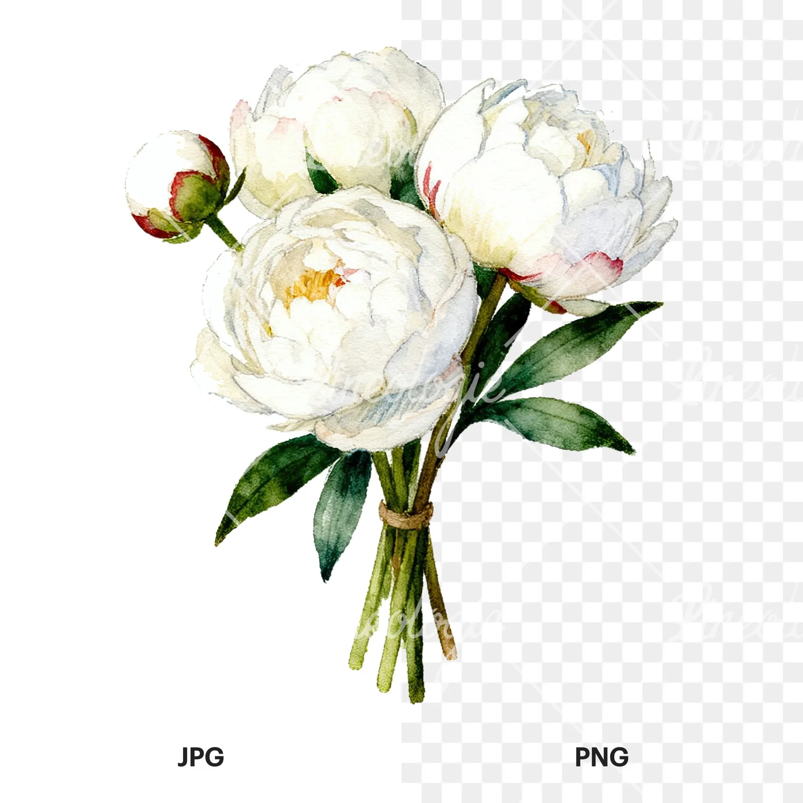 Watercolor white peony bouquet with green leaves clipart 2 of 9, as a JPG on white and a transparent PNG