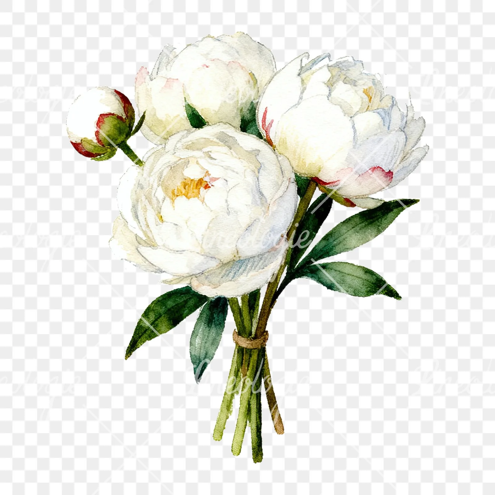 Watercolor white peony bouquet with green leaves clipart 2 of 9 on a transparent background (PNG)