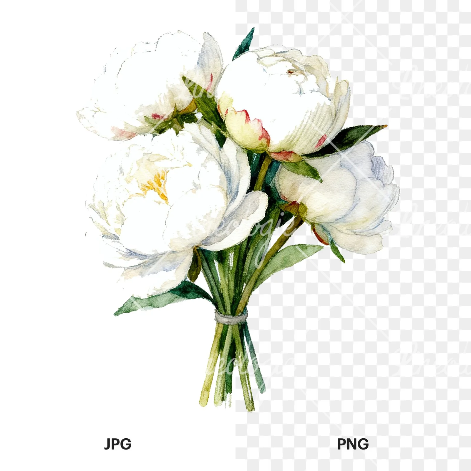 Watercolor white peony bouquet with green leaves clipart 3 of 9, as a JPG on white and a transparent PNG