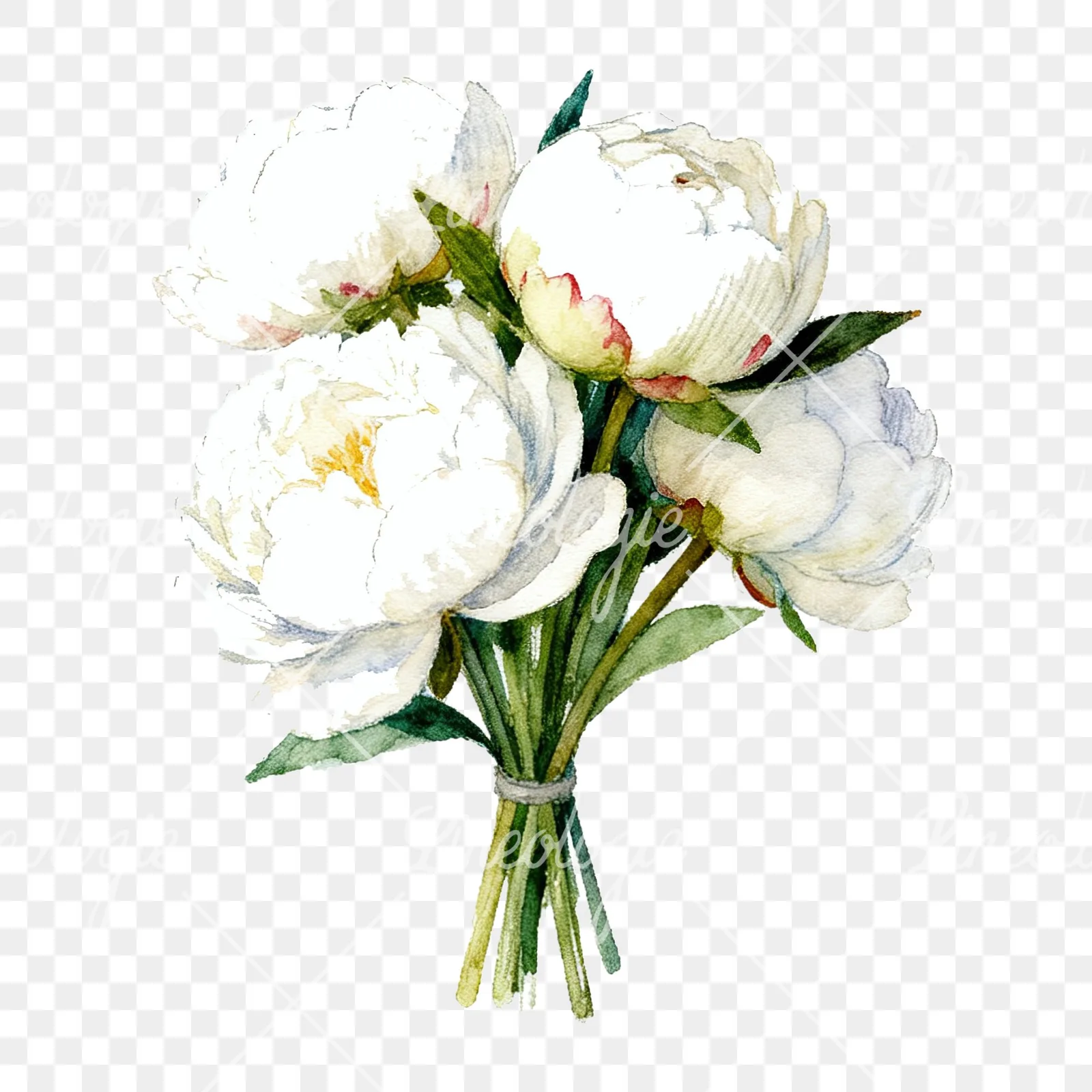 Watercolor white peony bouquet with green leaves clipart 3 of 9 on a transparent background (PNG)