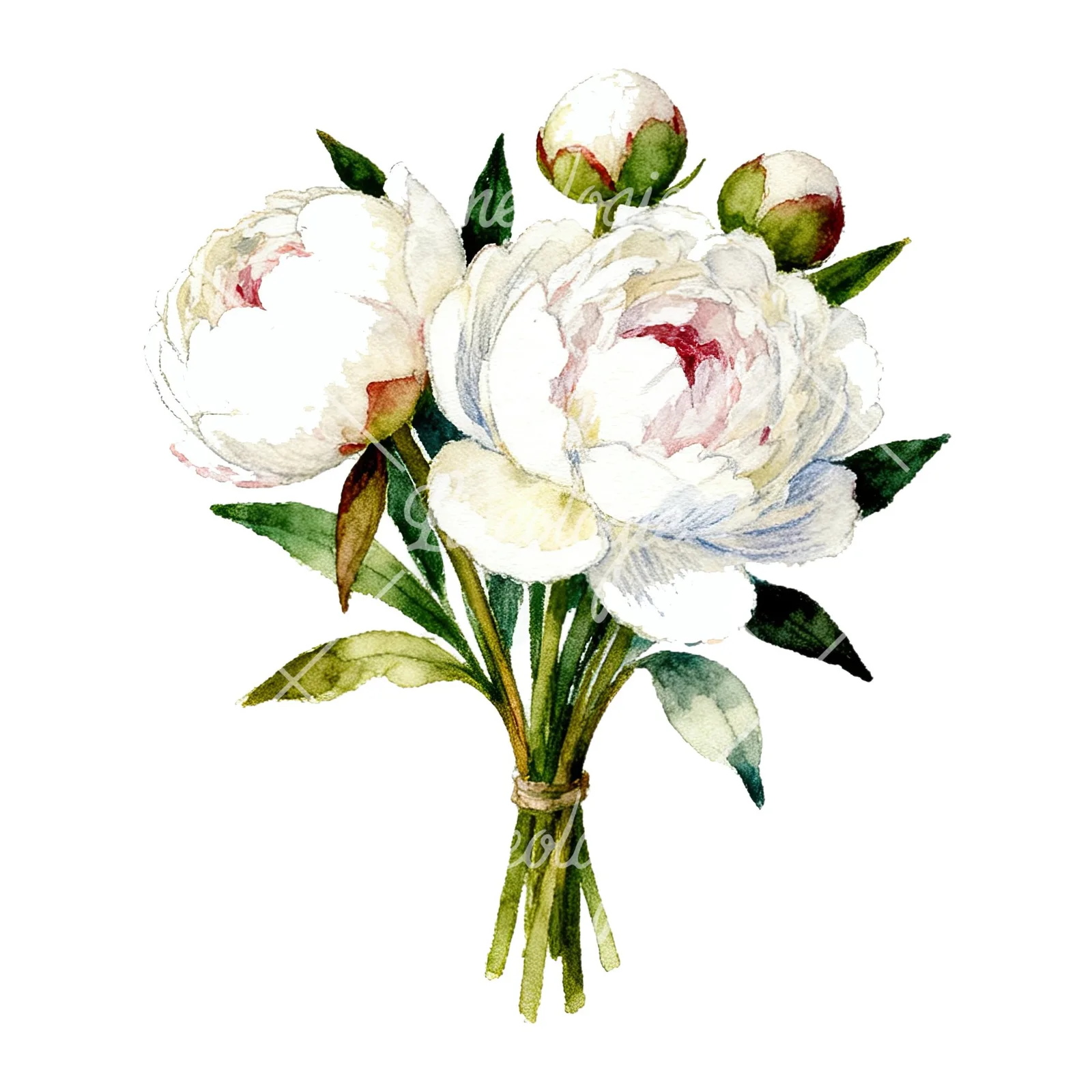 Watercolor white peony bouquet with green leaves clipart 4 of 9 on a white background (JPG)