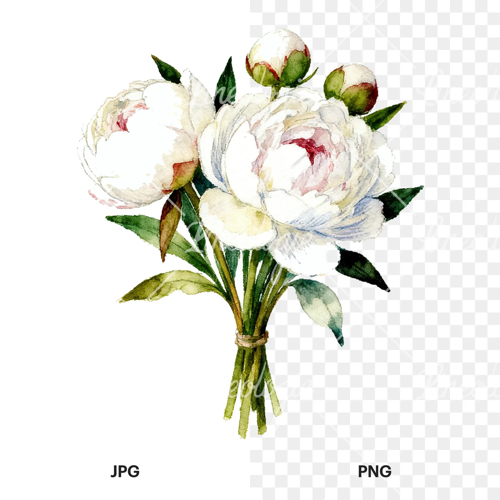 Watercolor white peony bouquet with green leaves clipart 4 of 9, as a JPG on white and a transparent PNG