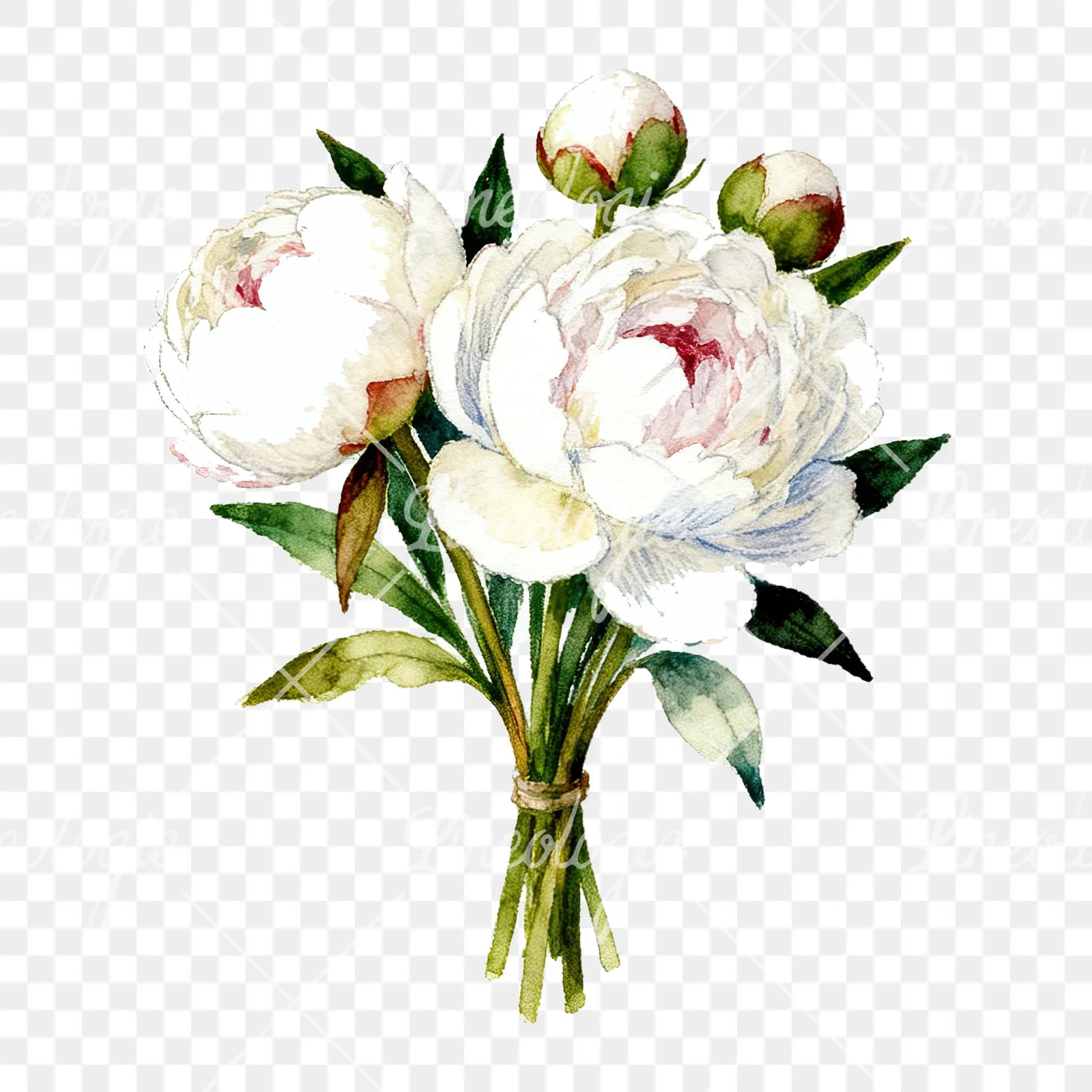Watercolor white peony bouquet with green leaves clipart 4 of 9 on a transparent background (PNG)