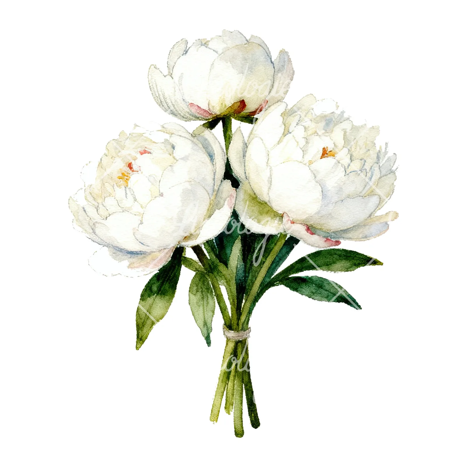 Watercolor white peony bouquet with green leaves clipart 5 of 9 on a white background (JPG)