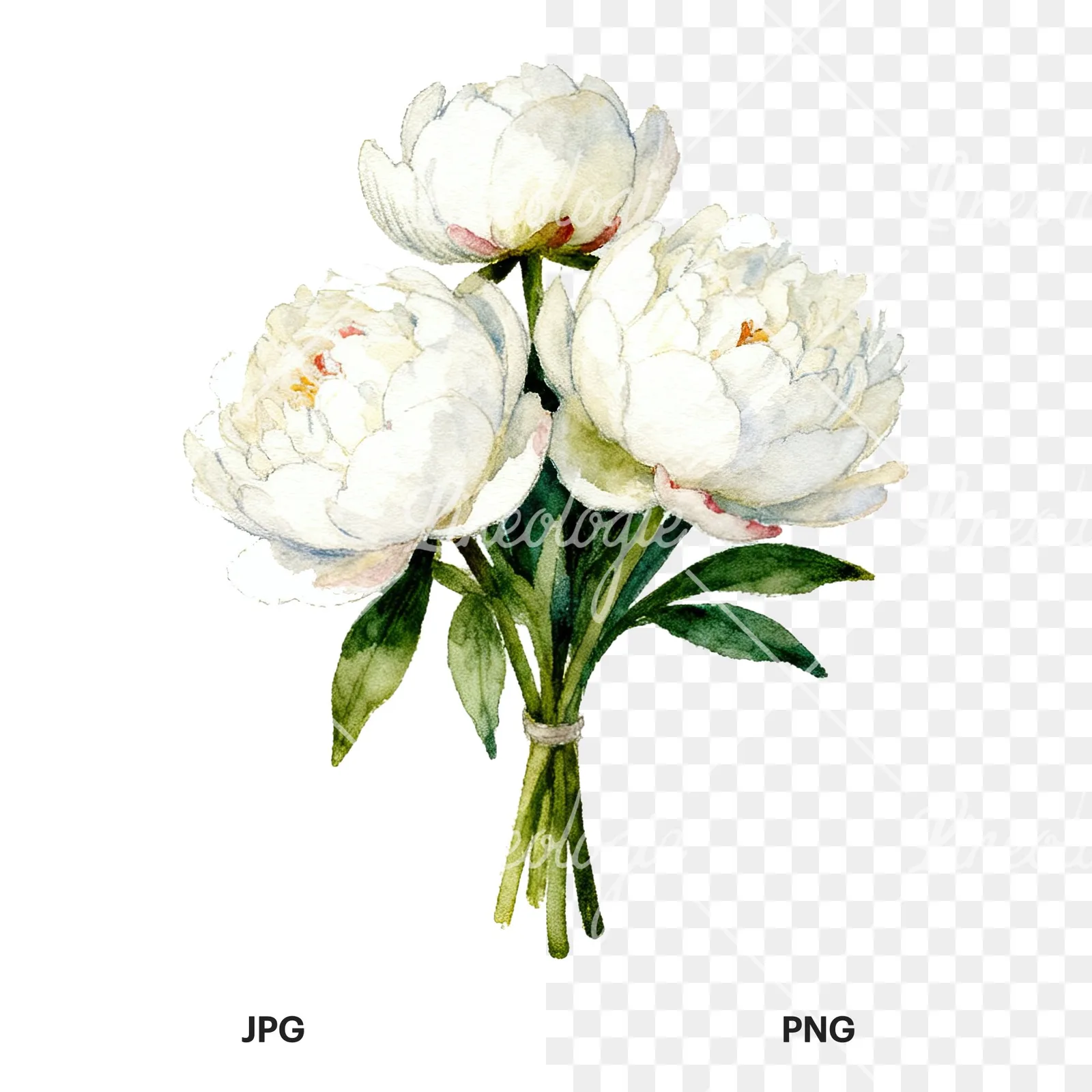 Watercolor white peony bouquet with green leaves clipart 5 of 9, as a JPG on white and a transparent PNG