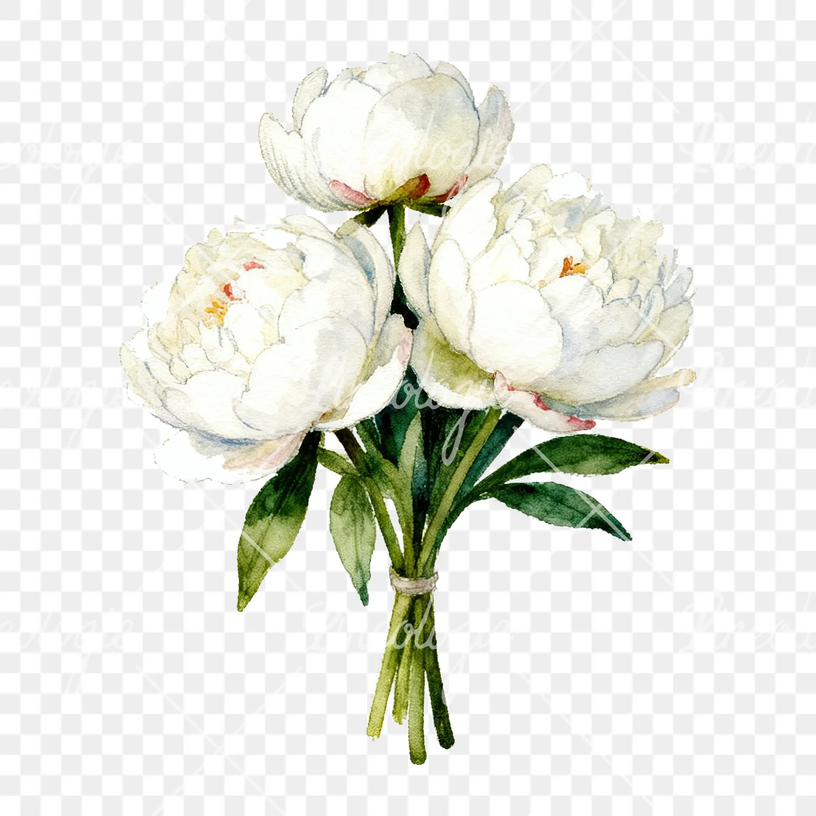 Watercolor white peony bouquet with green leaves clipart 5 of 9 on a transparent background (PNG)