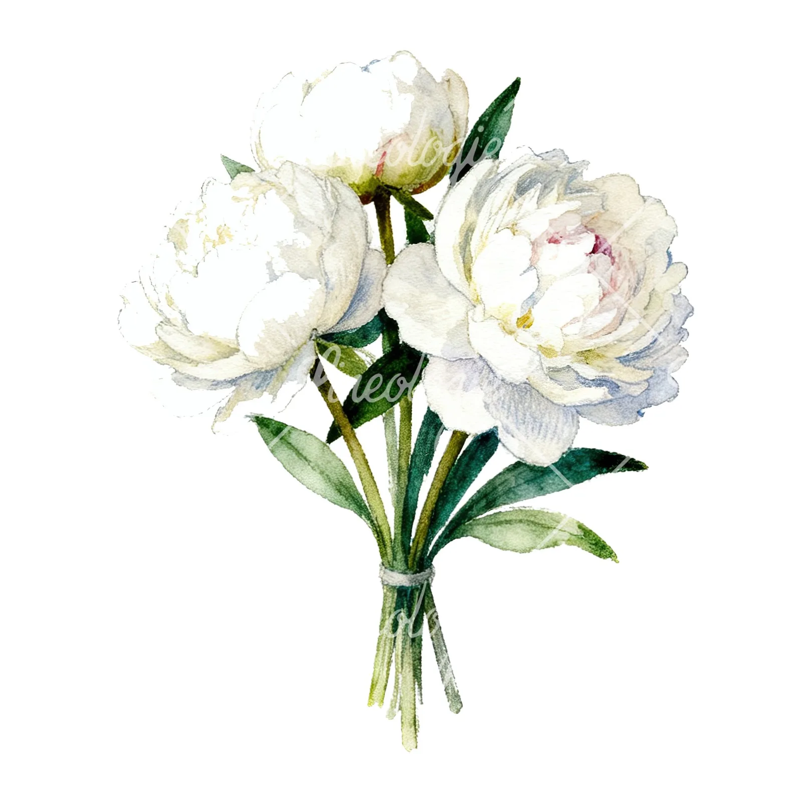 Watercolor white peony bouquet with green leaves clipart 6 of 9 on a white background (JPG)