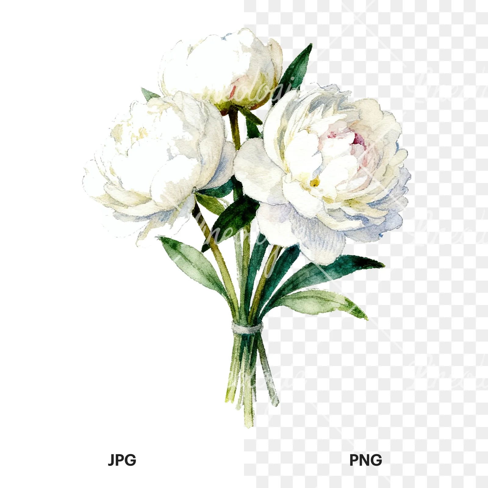 Watercolor white peony bouquet with green leaves clipart 6 of 9, as a JPG on white and a transparent PNG