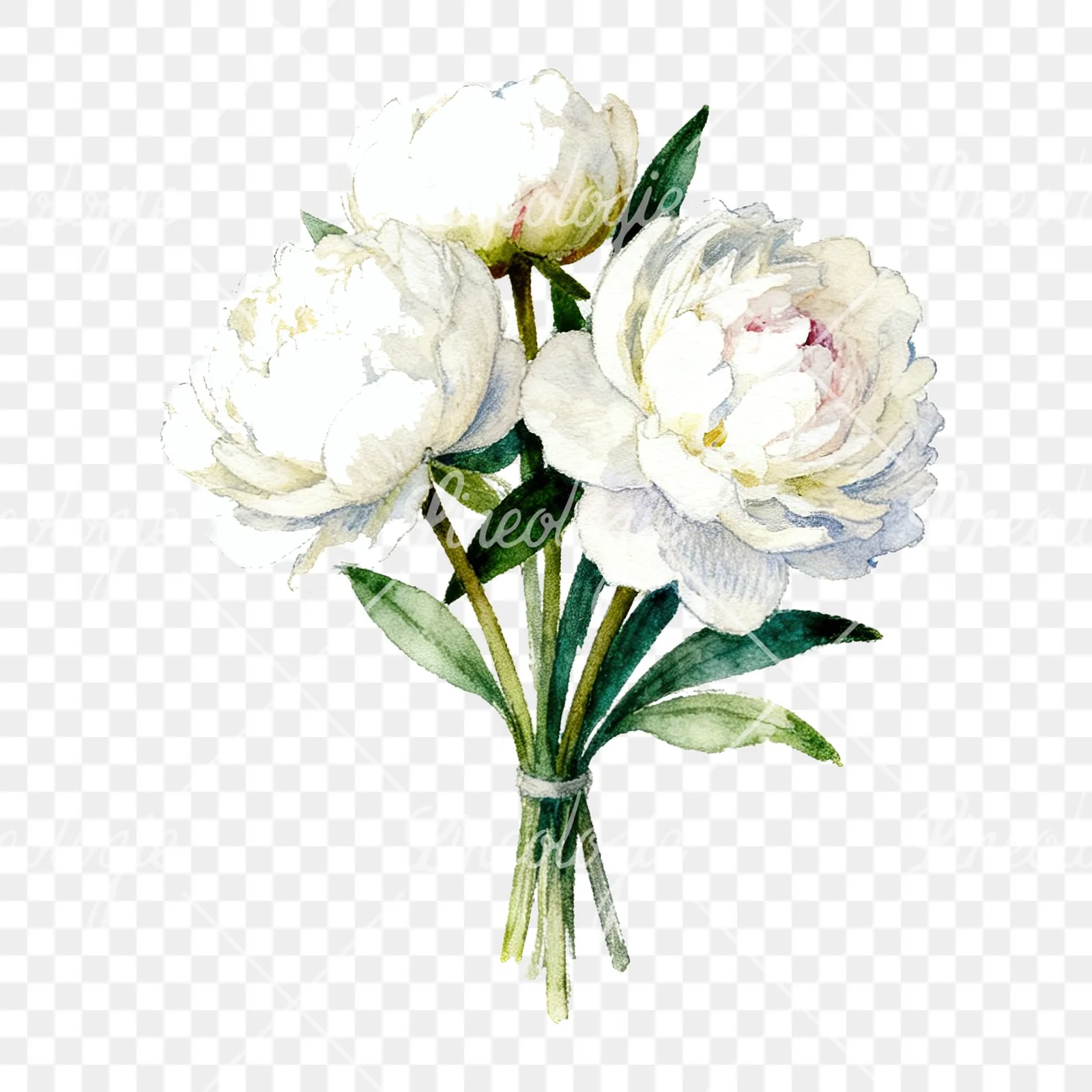 Watercolor white peony bouquet with green leaves clipart 6 of 9 on a transparent background (PNG)
