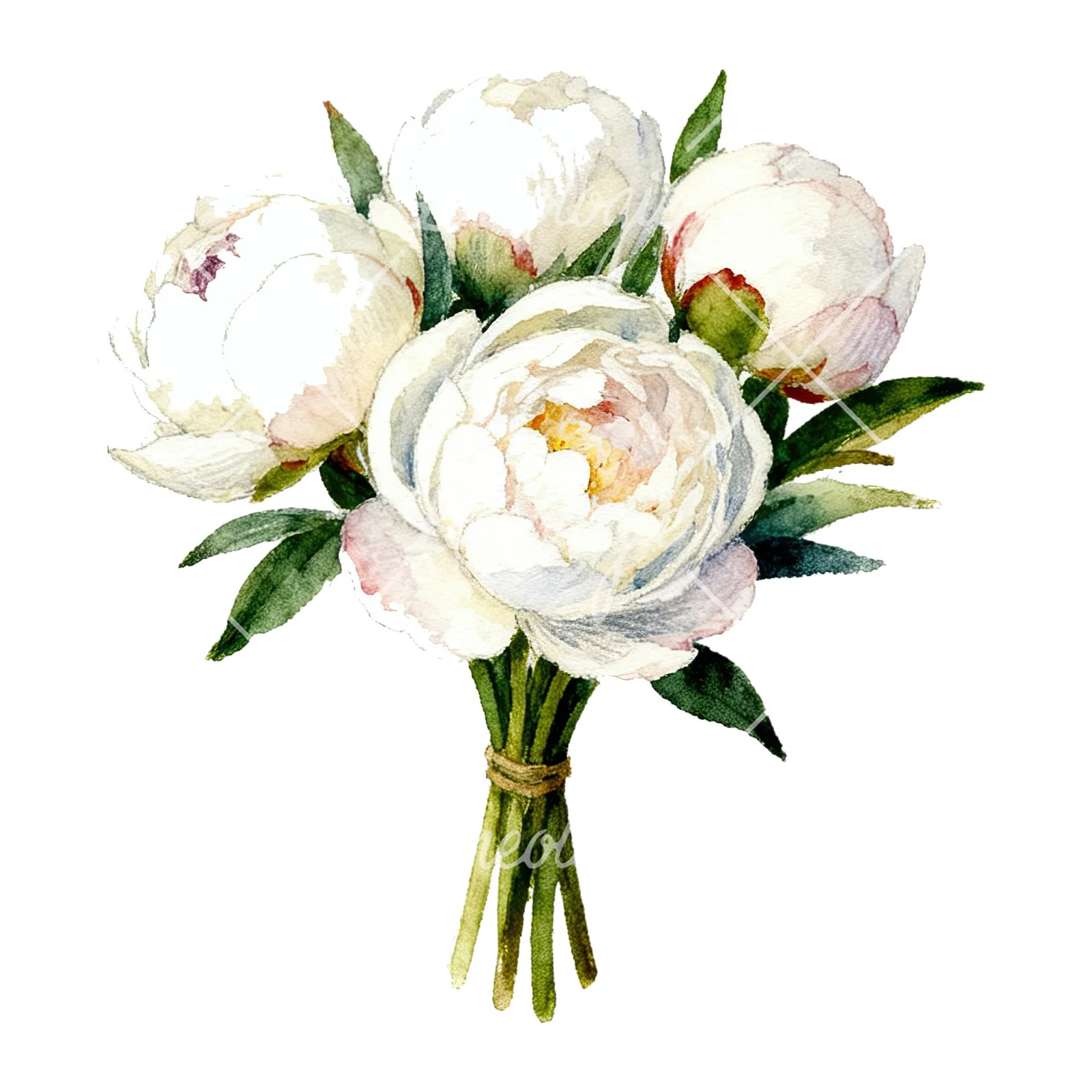 Watercolor white peony bouquet with green leaves clipart 7 of 9 on a white background (JPG)