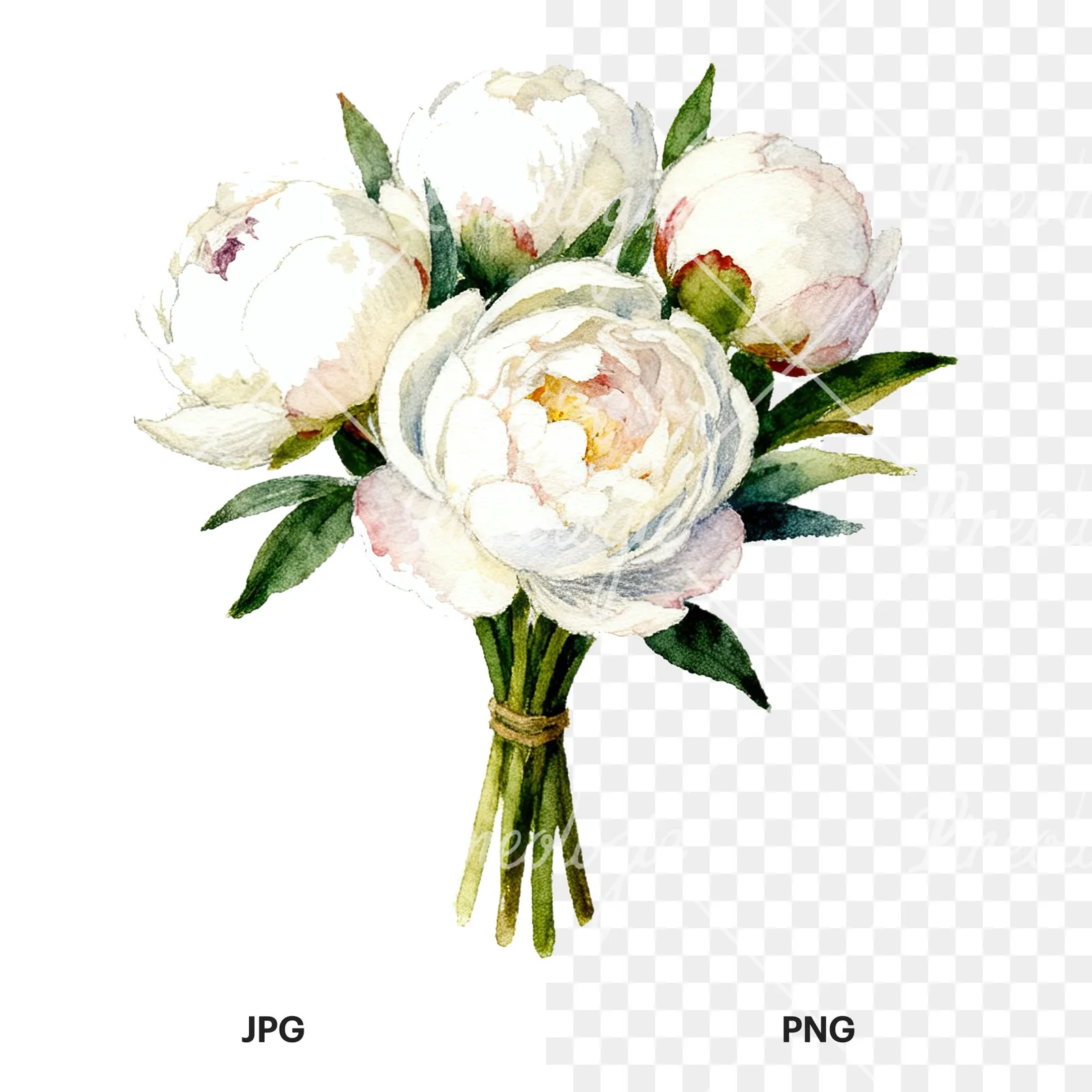 Watercolor white peony bouquet with green leaves clipart 7 of 9, as a JPG on white and a transparent PNG