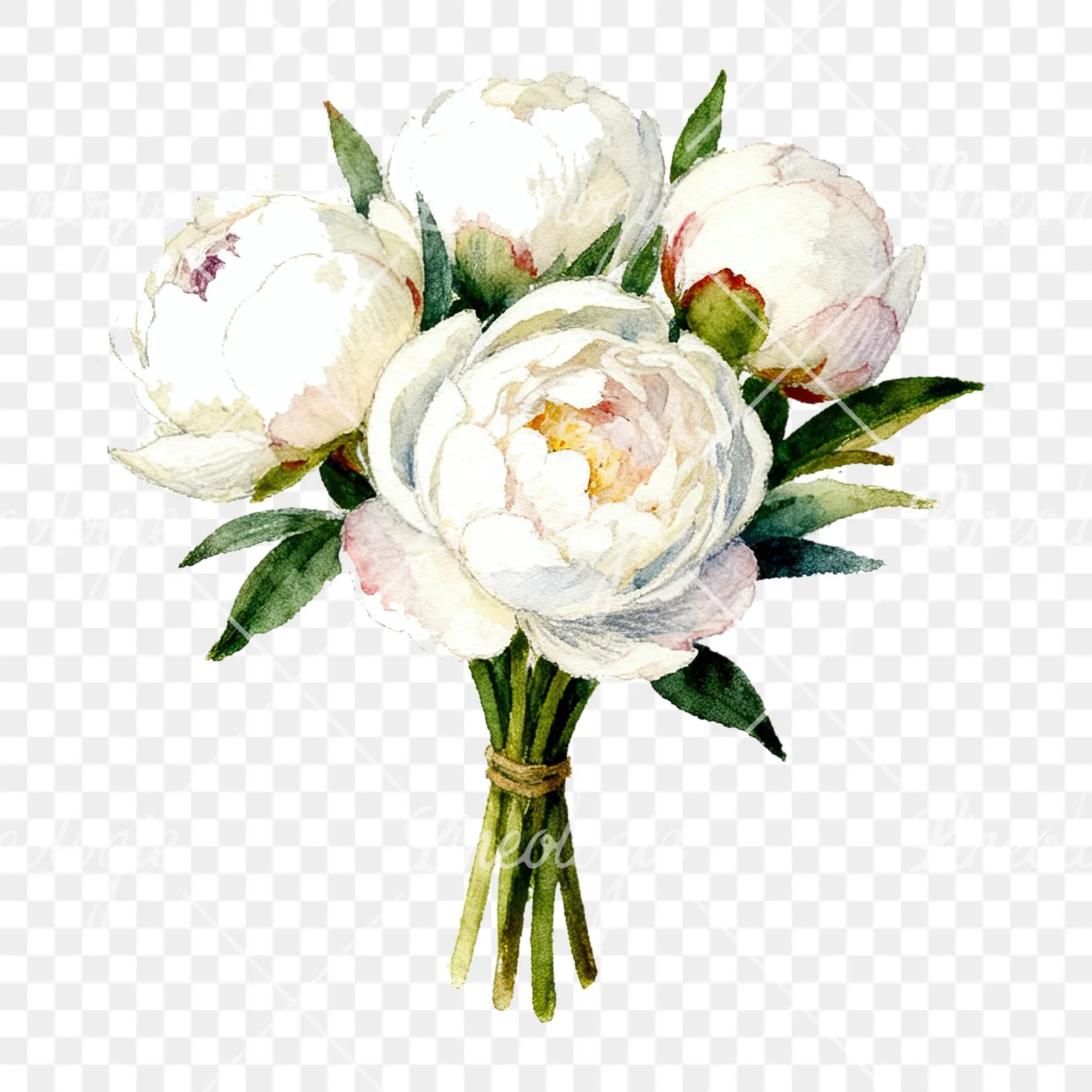 Watercolor white peony bouquet with green leaves clipart 7 of 9 on a transparent background (PNG)