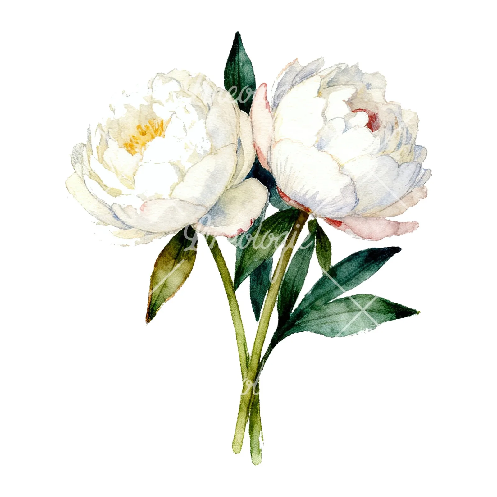 Watercolor white peony bouquet with green leaves clipart 8 of 9 on a white background (JPG)