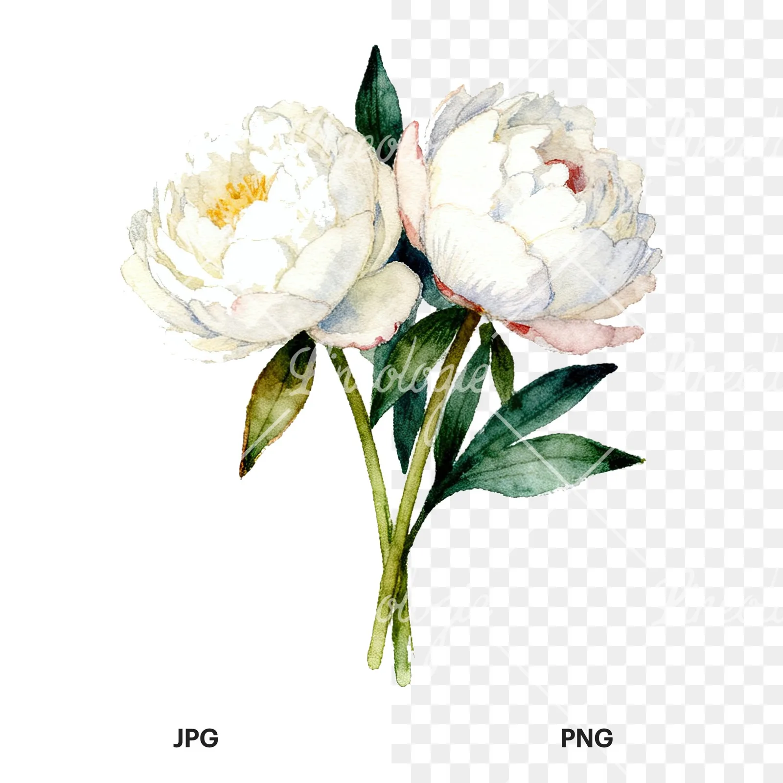 Watercolor white peony bouquet with green leaves clipart 8 of 9, as a JPG on white and a transparent PNG