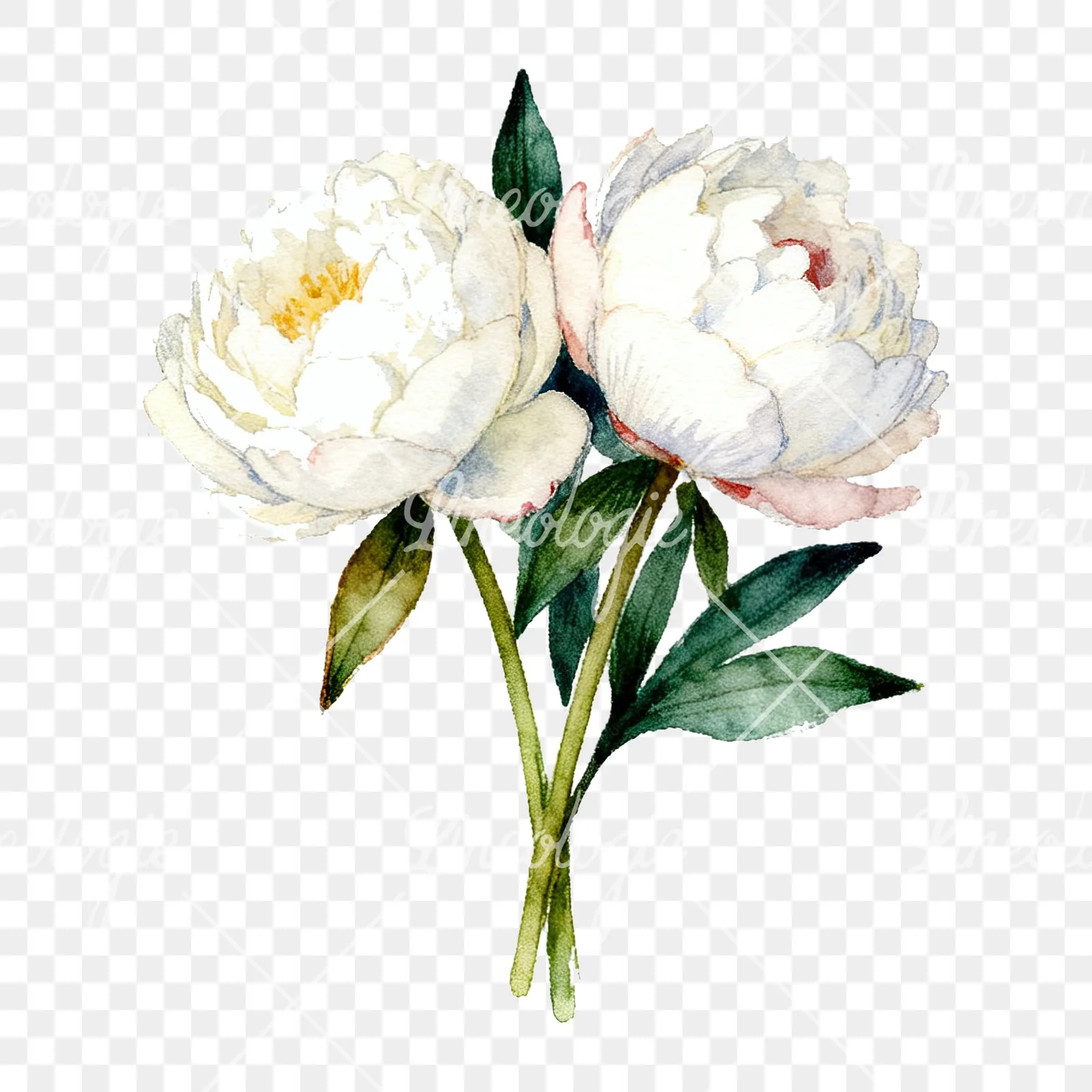 Watercolor white peony bouquet with green leaves clipart 8 of 9 on a transparent background (PNG)