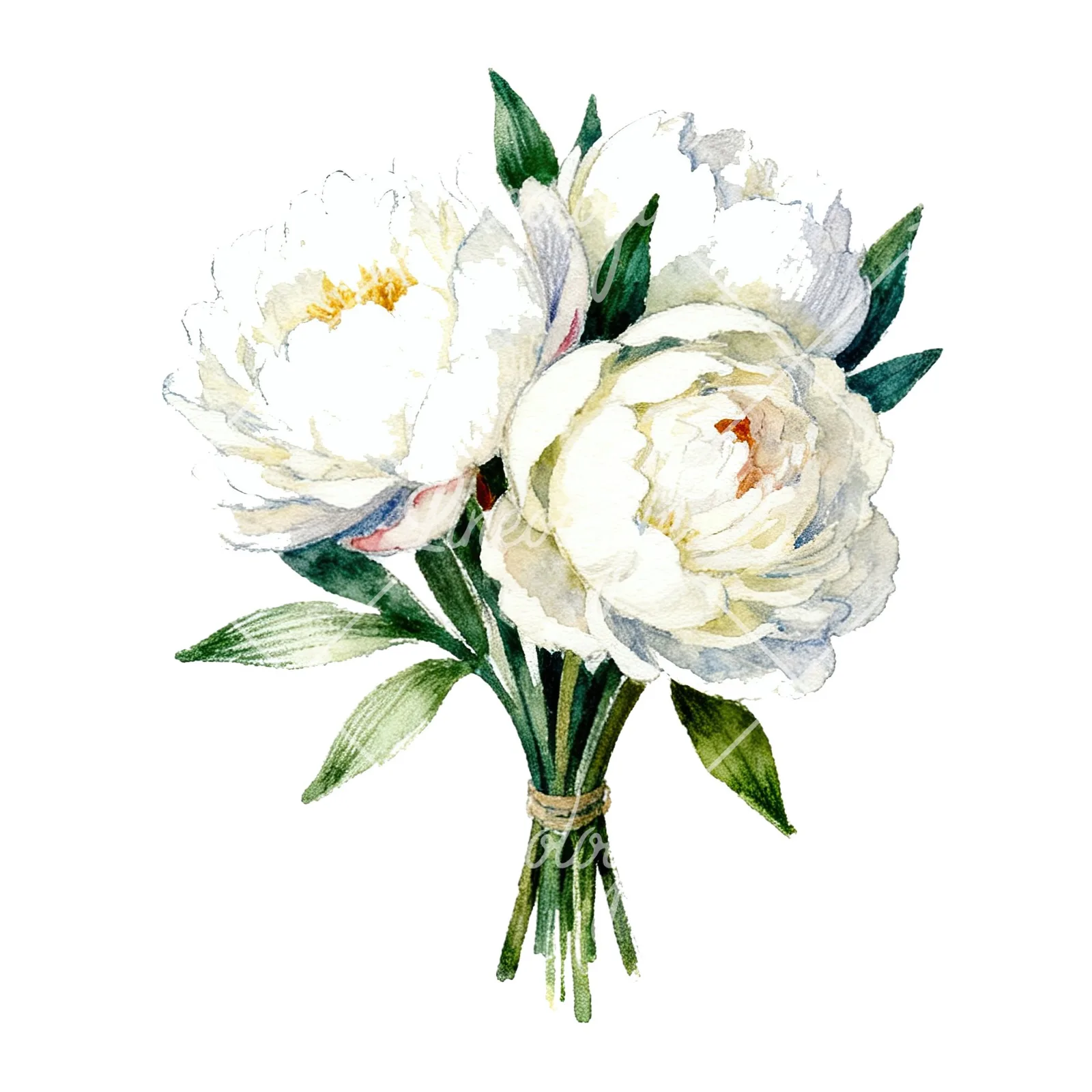Watercolor white peony bouquet with green leaves clipart 9 of 9 on a white background (JPG)