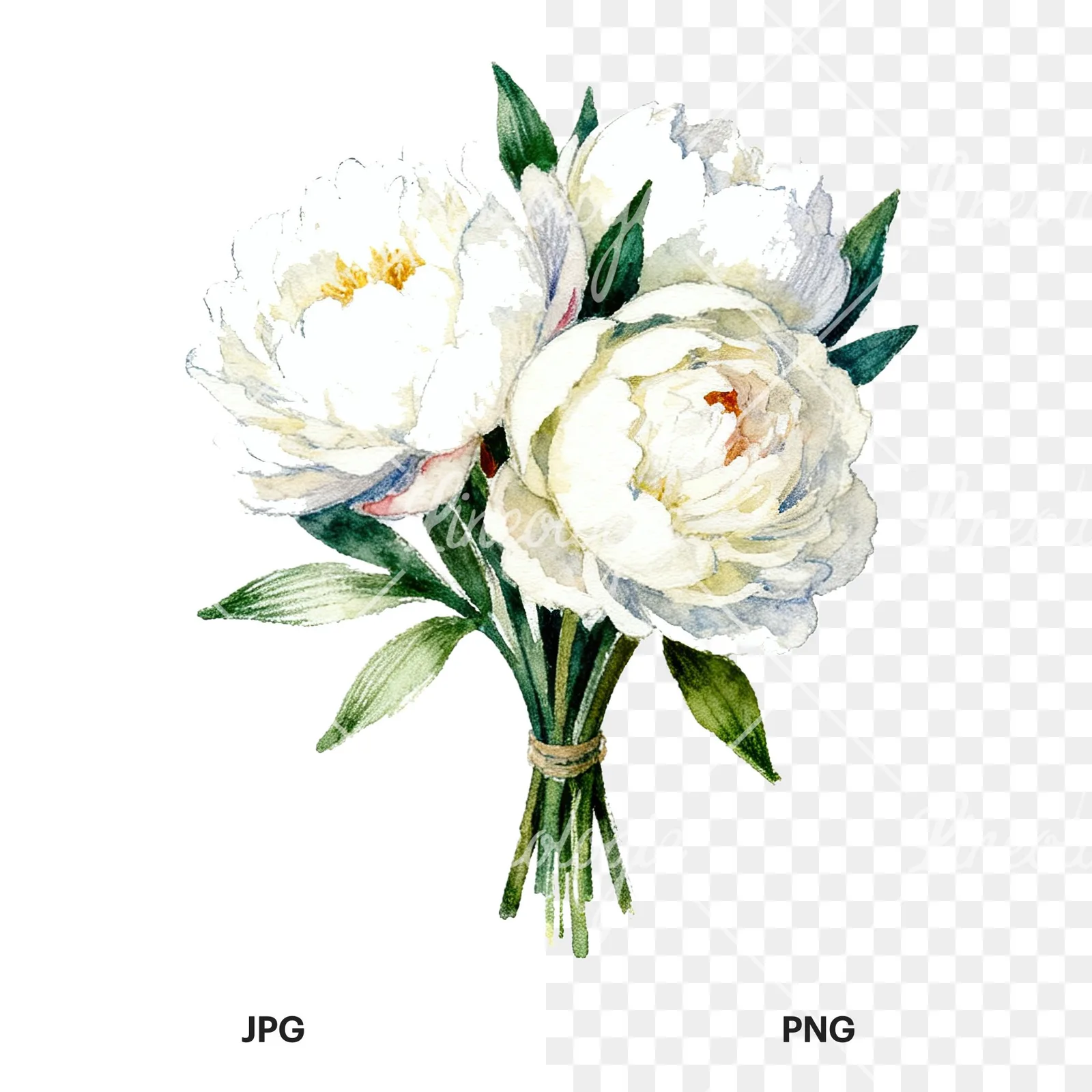 Watercolor white peony bouquet with green leaves clipart 9 of 9, as a JPG on white and a transparent PNG