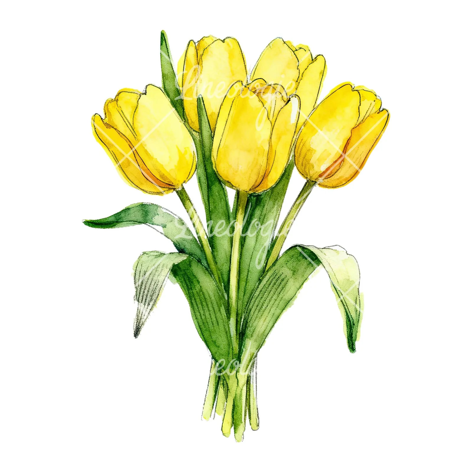 Watercolor compact yellow tulip bouquet clipart 1 of 9 on a white background (JPG)