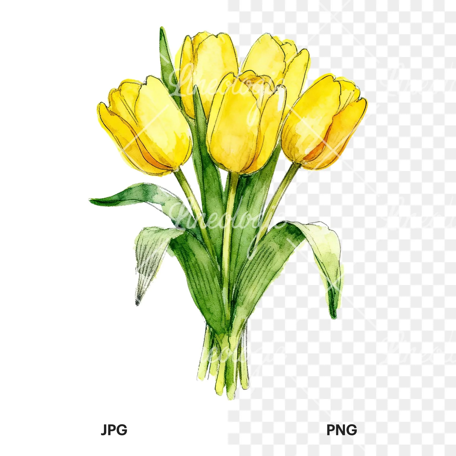 Watercolor compact yellow tulip bouquet clipart 1 of 9, as a JPG on white and a transparent PNG
