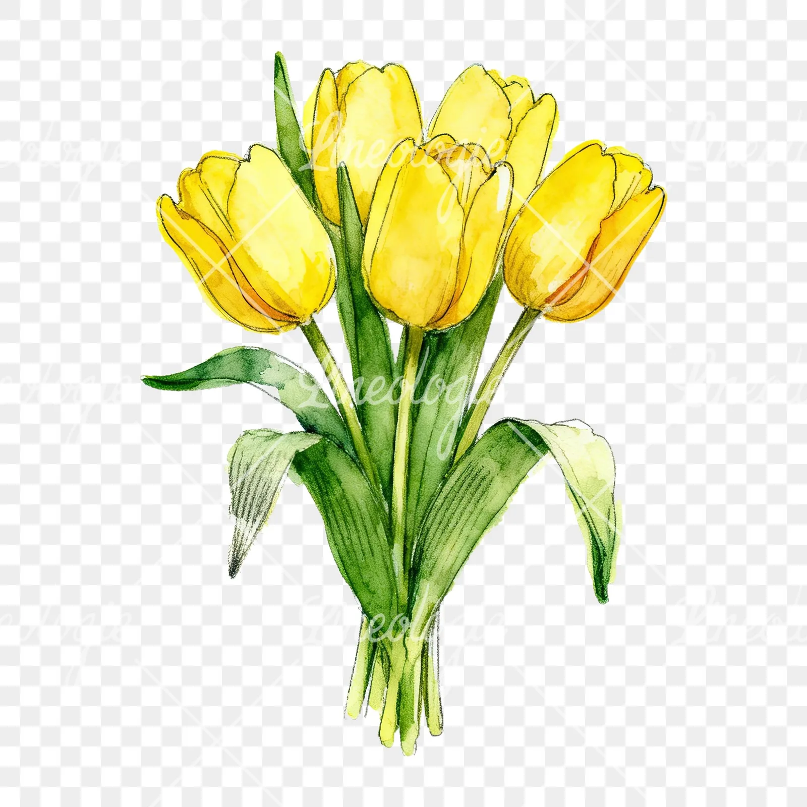 Watercolor compact yellow tulip bouquet clipart 1 of 9 on a transparent background (PNG)