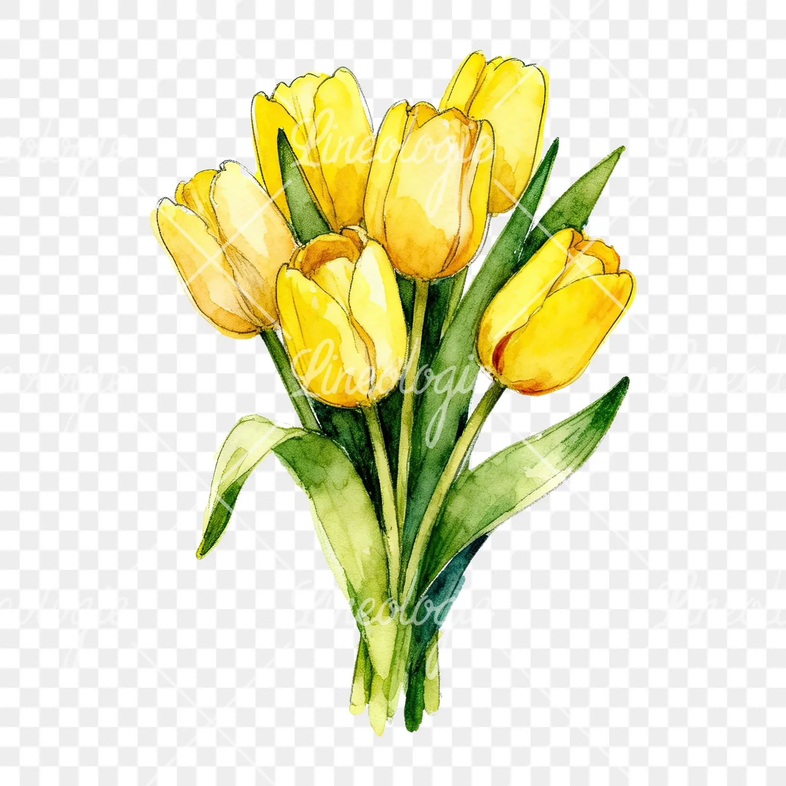 Watercolor compact yellow tulip bouquet clipart 2 of 9 on a transparent background (PNG)