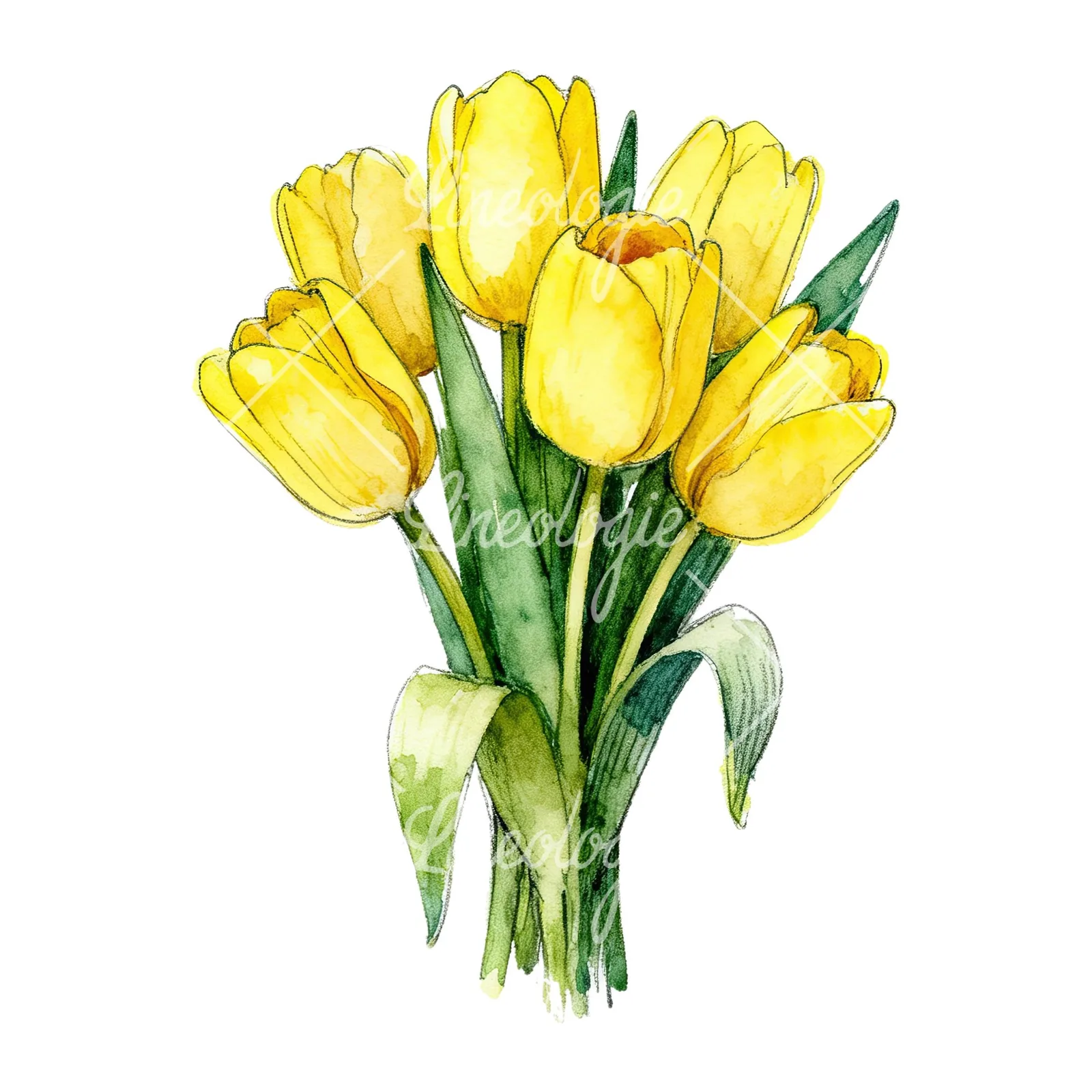 Watercolor compact yellow tulip bouquet clipart 3 of 9 on a white background (JPG)