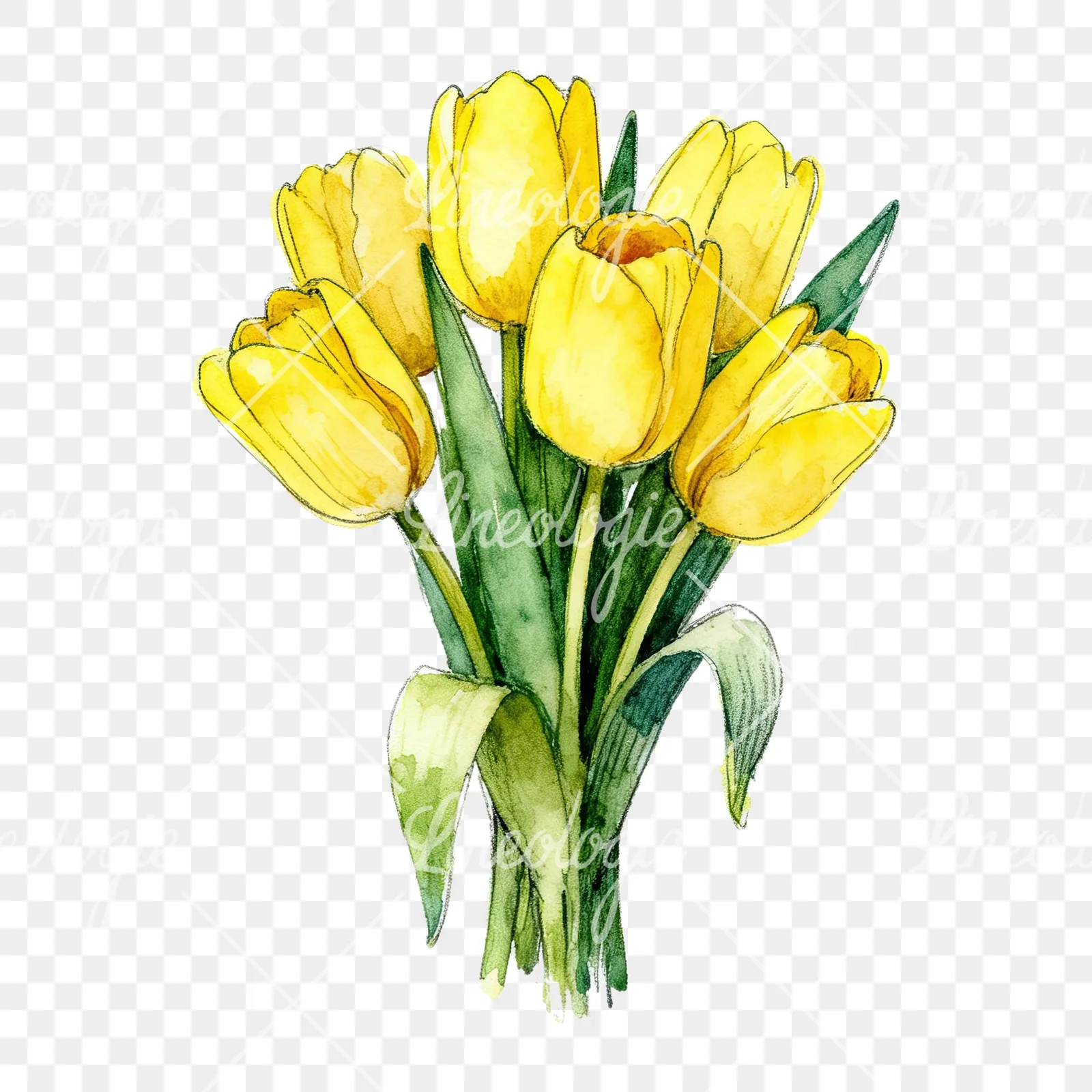 Watercolor compact yellow tulip bouquet clipart 3 of 9 on a transparent background (PNG)