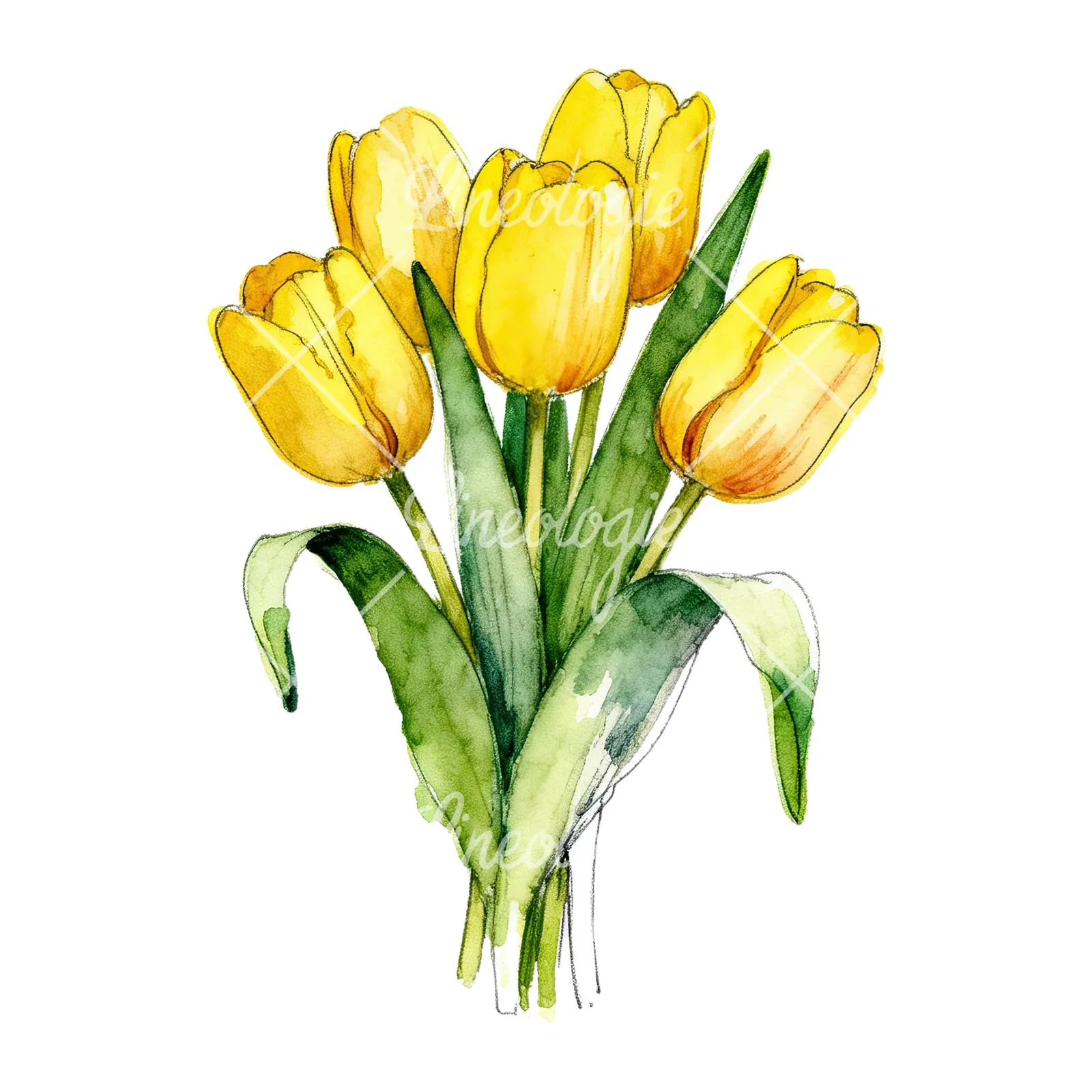 Watercolor compact yellow tulip bouquet clipart 4 of 9 on a white background (JPG)