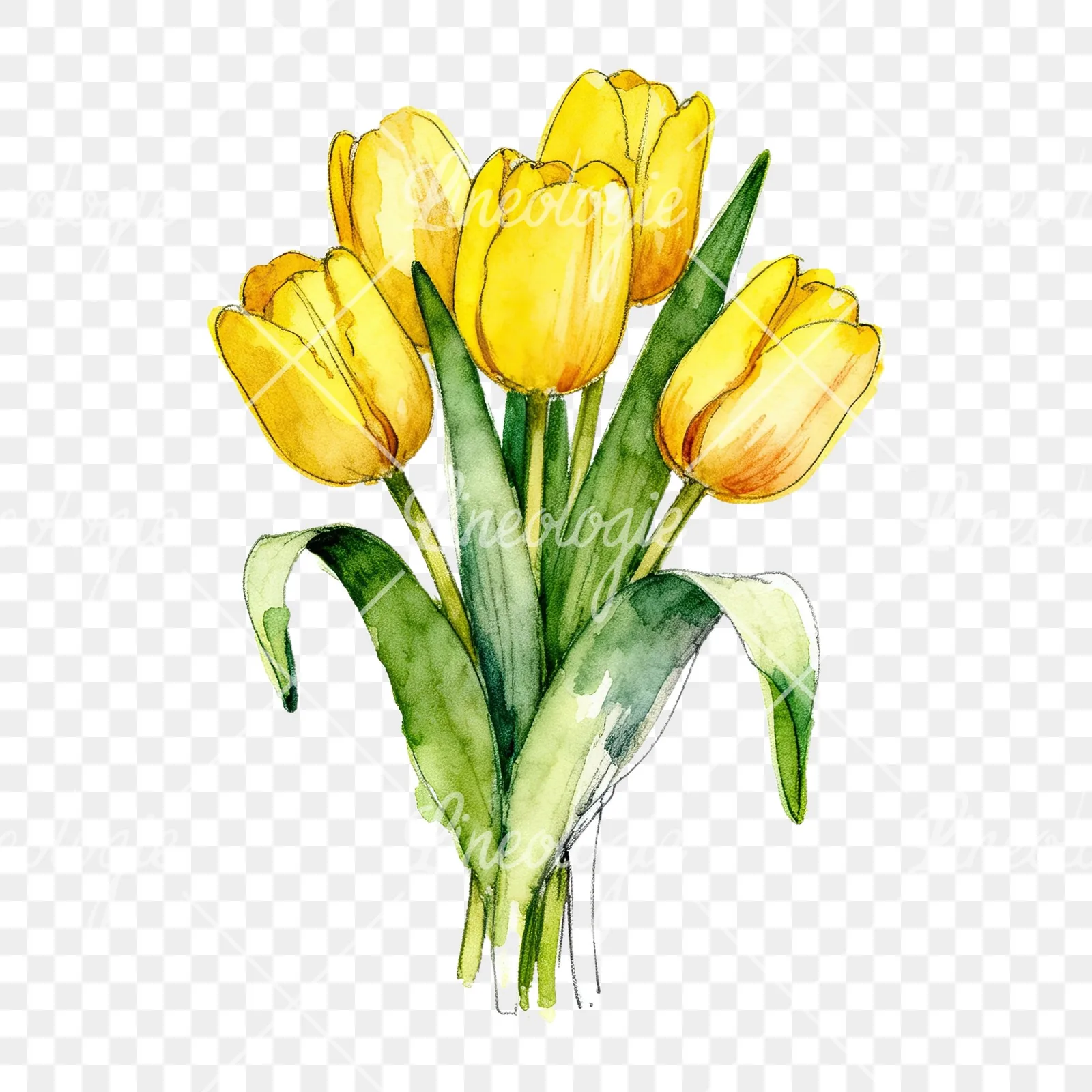 Watercolor compact yellow tulip bouquet clipart 4 of 9 on a transparent background (PNG)