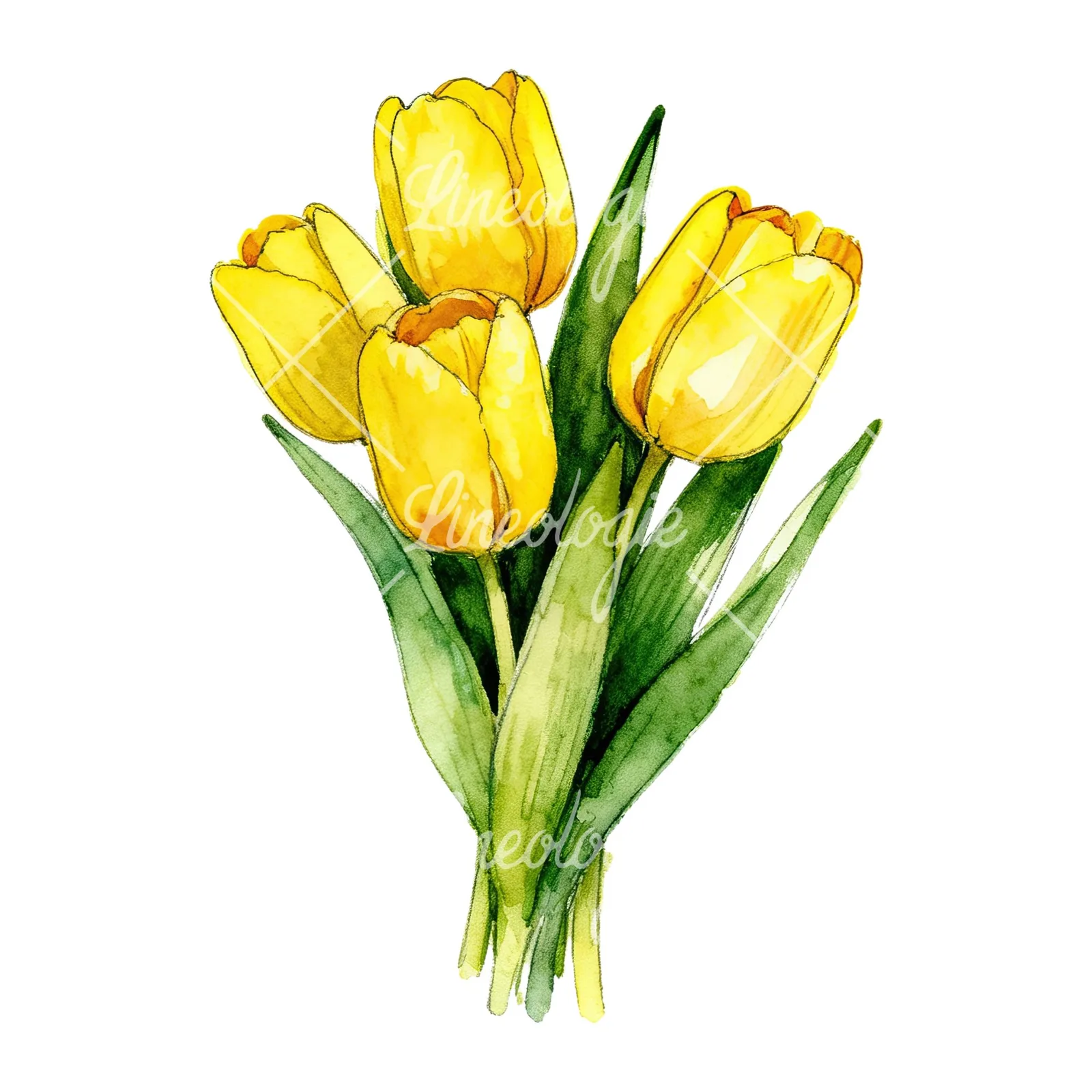 Watercolor compact yellow tulip bouquet clipart 5 of 9 on a white background (JPG)
