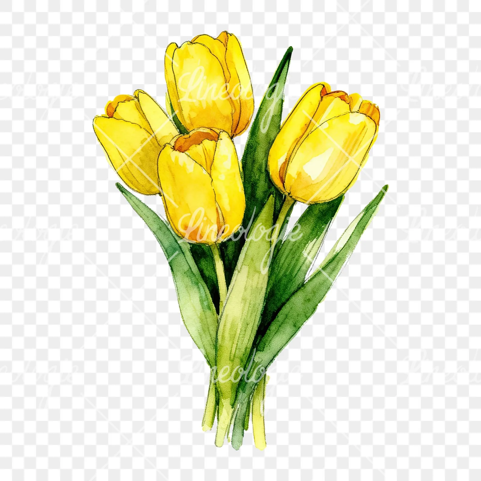 Watercolor compact yellow tulip bouquet clipart 5 of 9 on a transparent background (PNG)