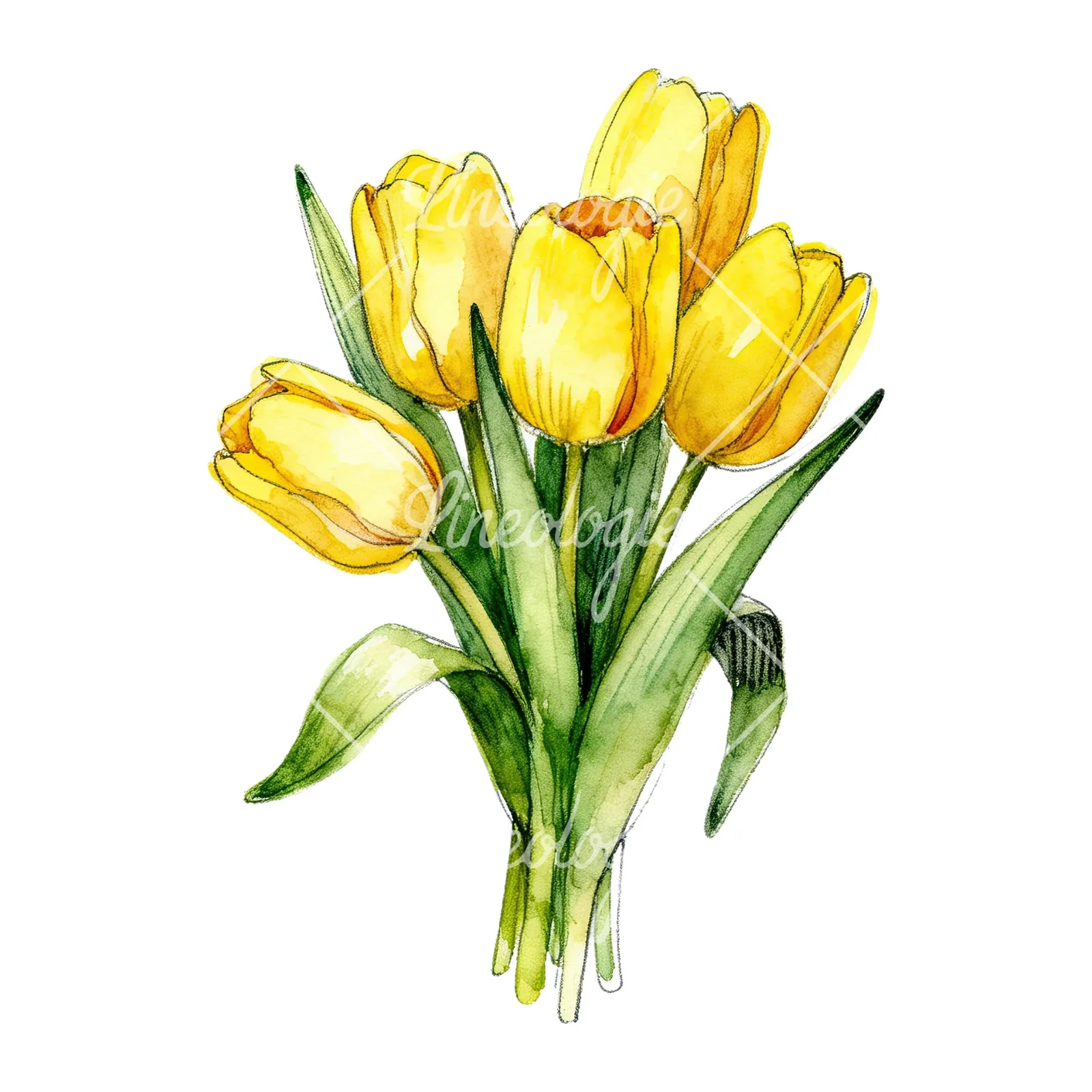 Watercolor compact yellow tulip bouquet clipart 6 of 9 on a white background (JPG)