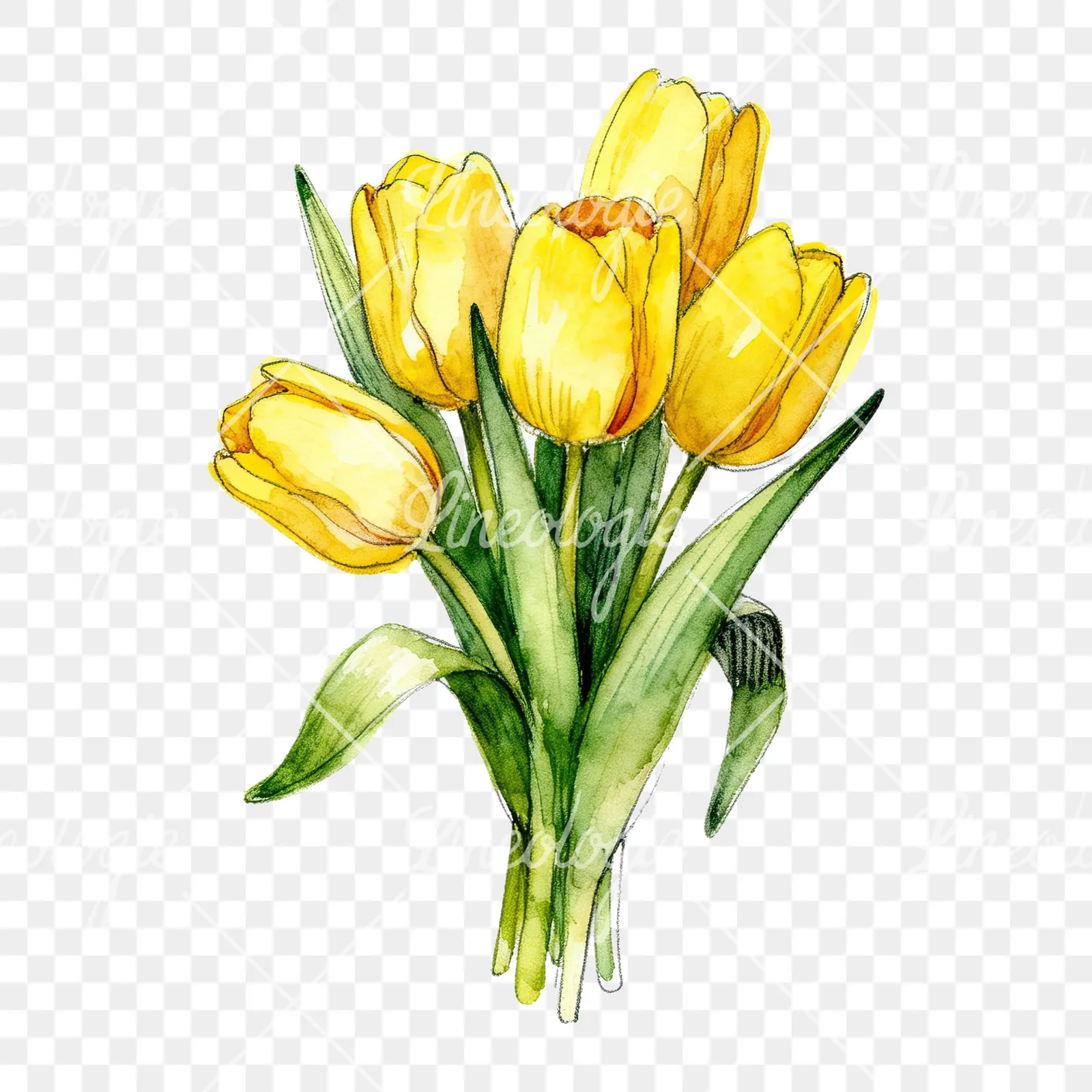 Watercolor compact yellow tulip bouquet clipart 6 of 9 on a transparent background (PNG)