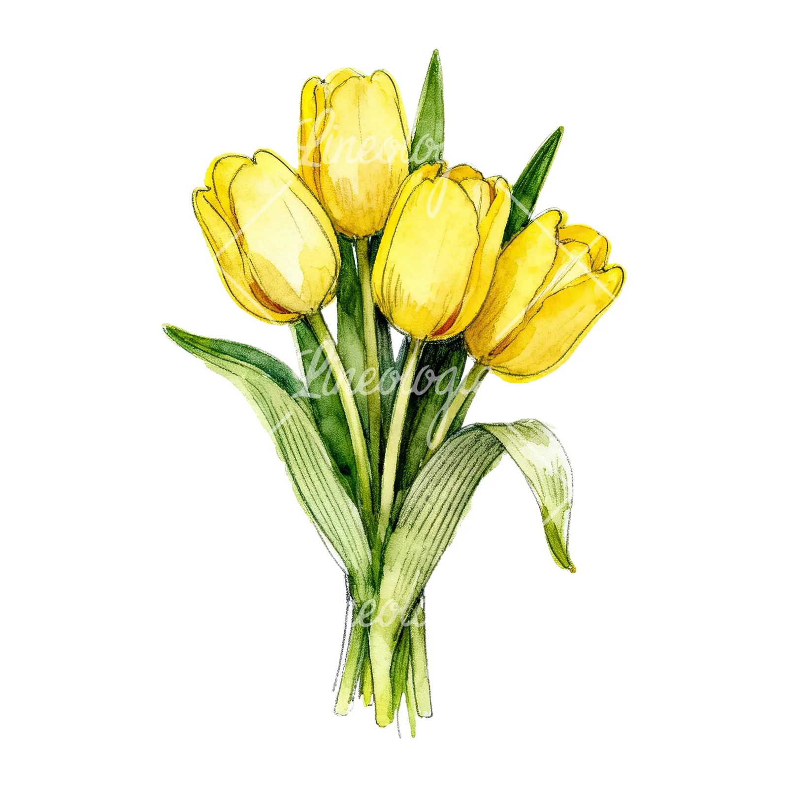 Watercolor compact yellow tulip bouquet clipart 7 of 9 on a white background (JPG)