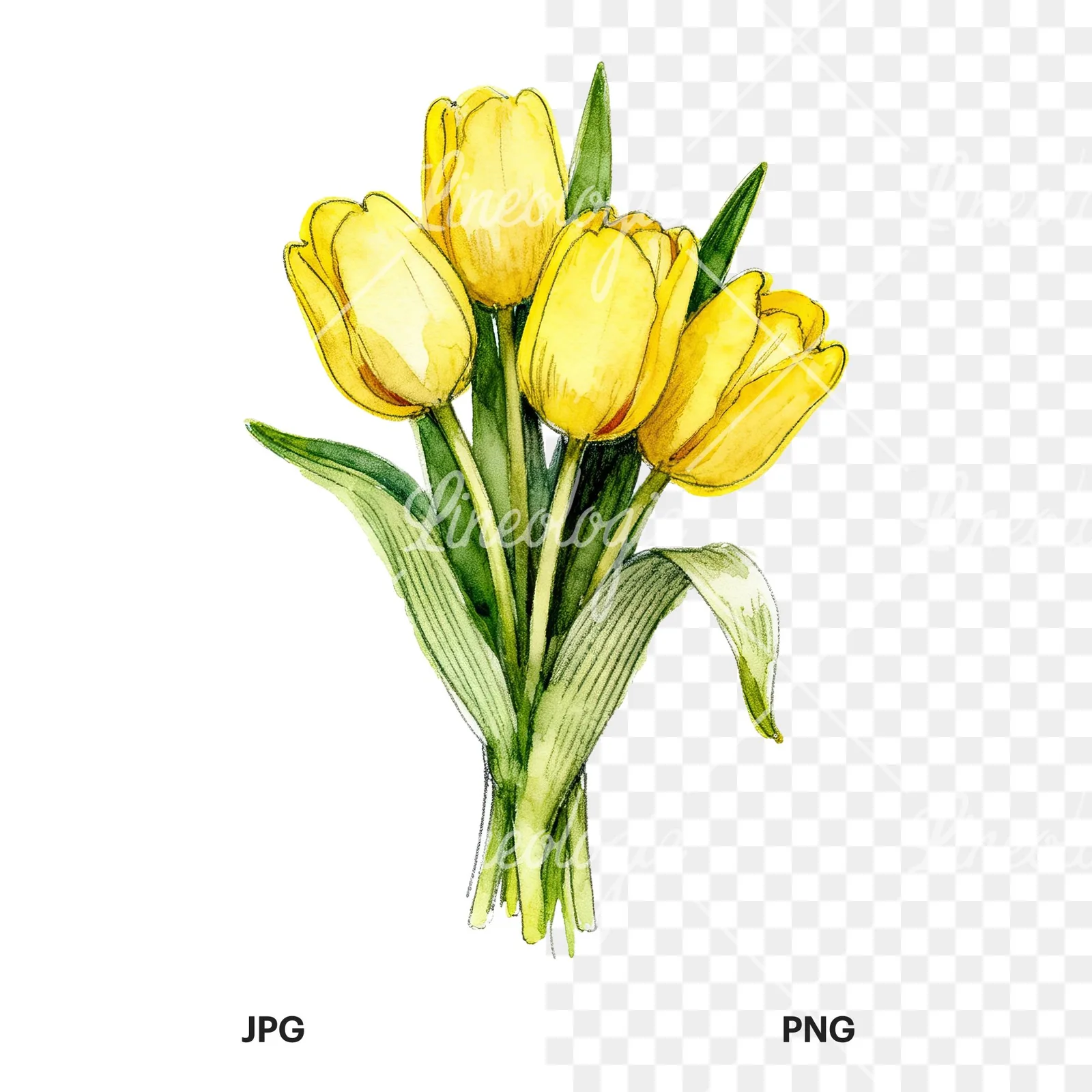 Watercolor compact yellow tulip bouquet clipart 7 of 9, as a JPG on white and a transparent PNG