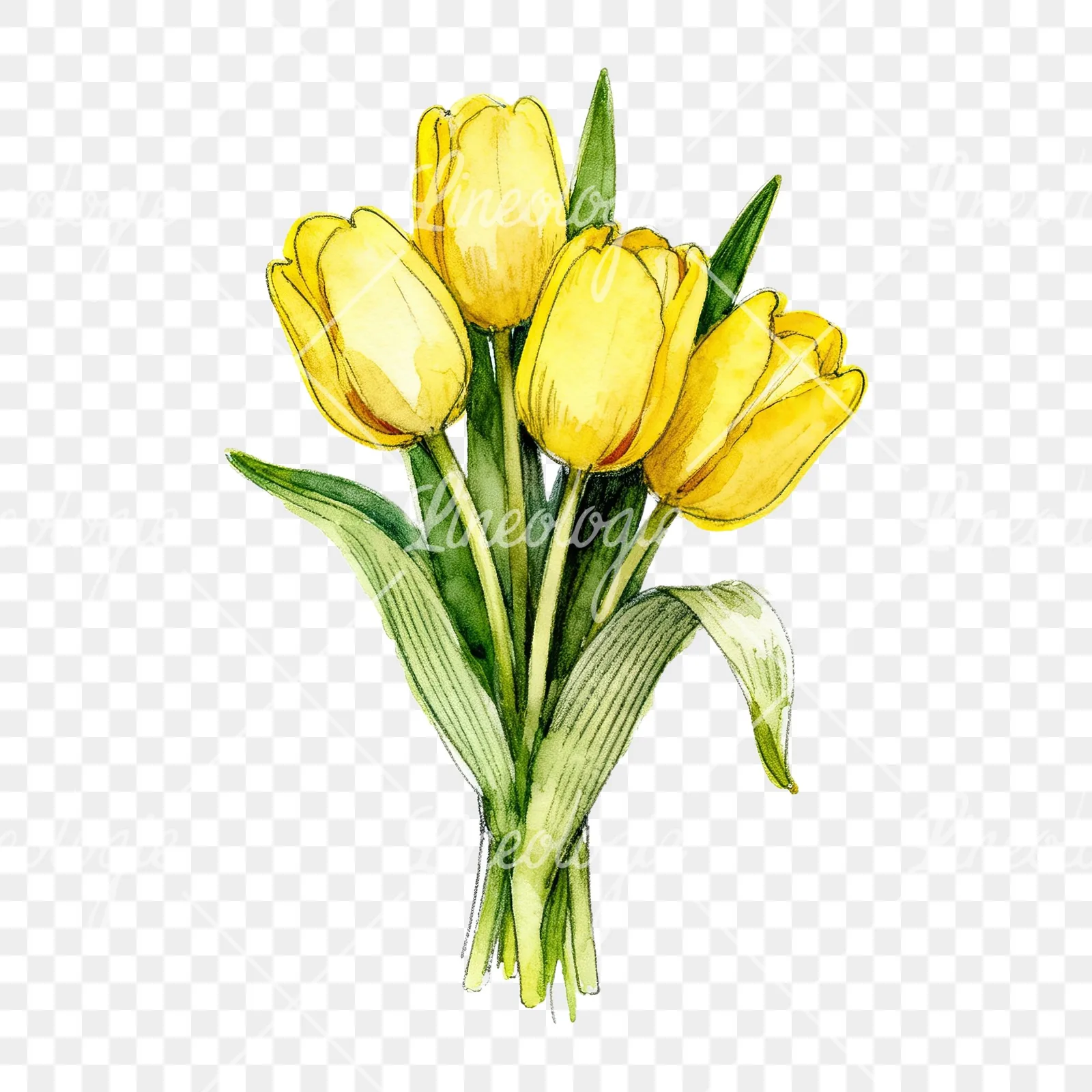 Watercolor compact yellow tulip bouquet clipart 7 of 9 on a transparent background (PNG)