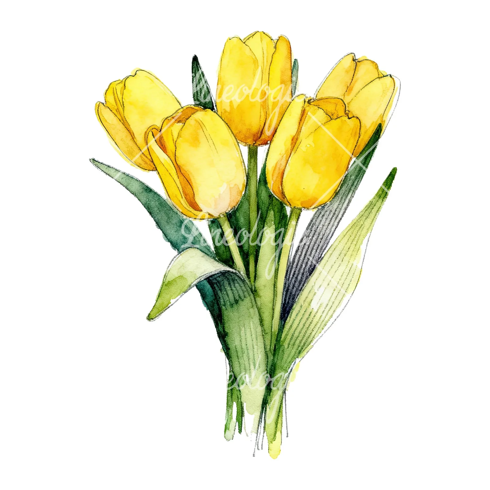 Watercolor compact yellow tulip bouquet clipart 8 of 9 on a white background (JPG)
