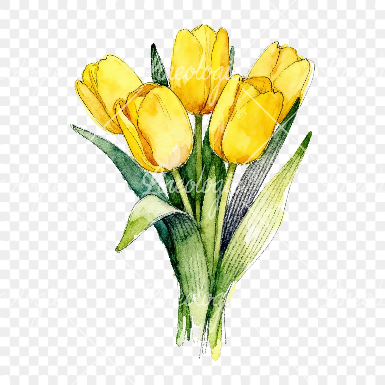 Watercolor compact yellow tulip bouquet clipart 8 of 9 on a transparent background (PNG)