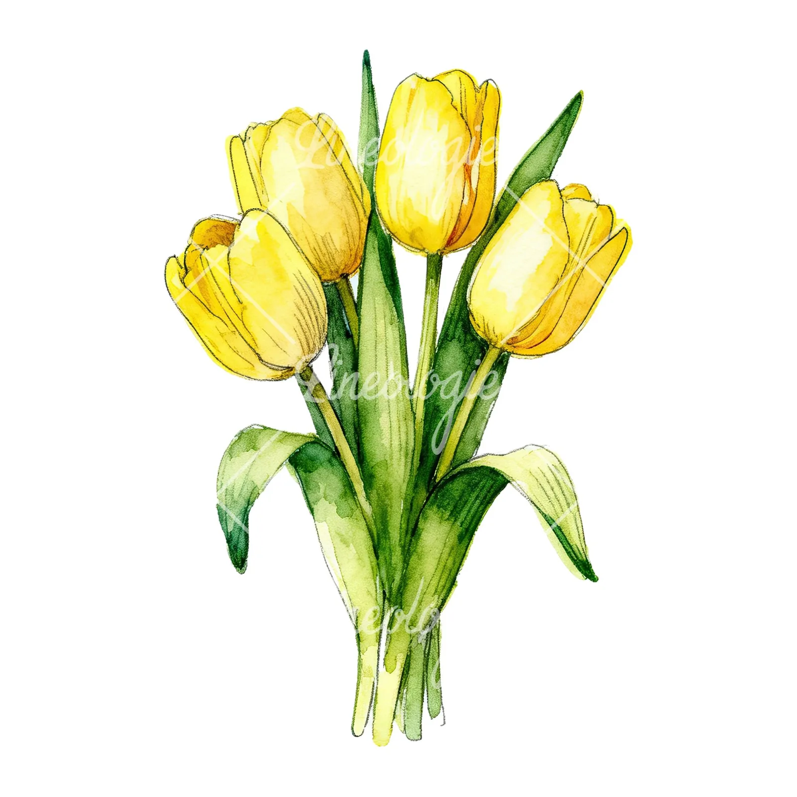 Watercolor compact yellow tulip bouquet clipart 9 of 9 on a white background (JPG)