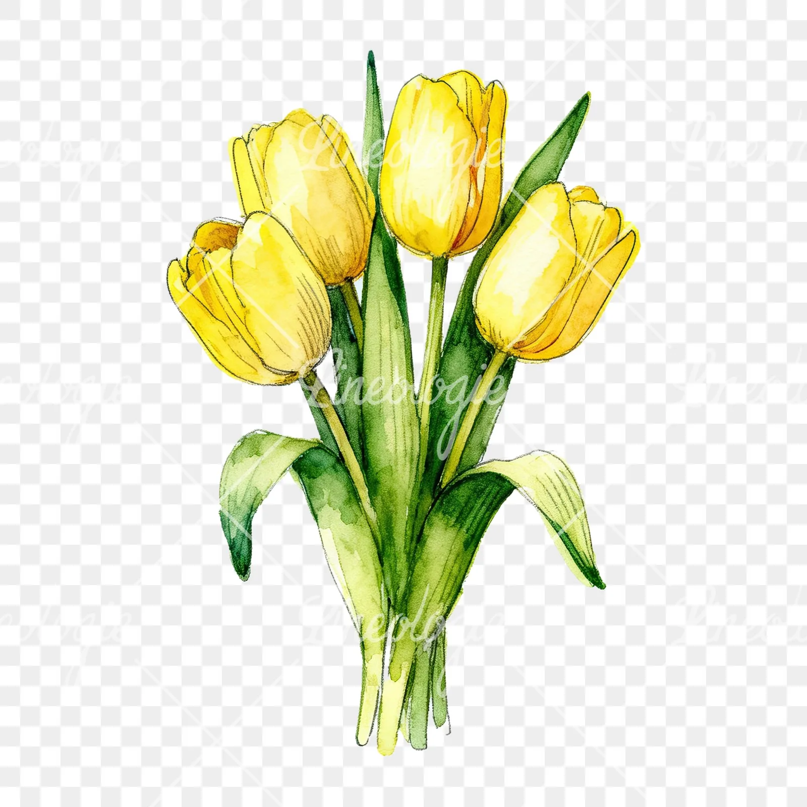 Watercolor compact yellow tulip bouquet clipart 9 of 9 on a transparent background (PNG)