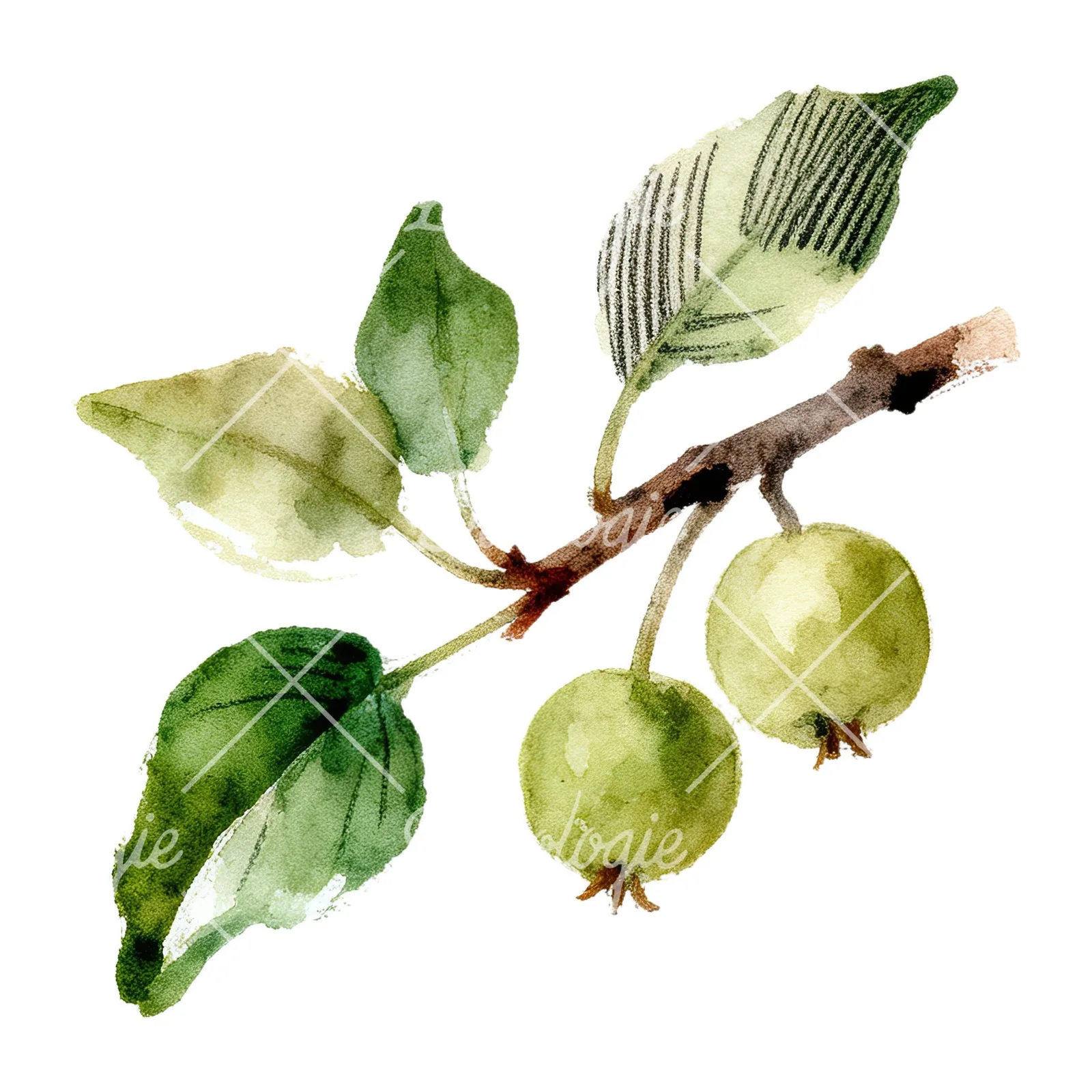 Watercolor apple and branch clipart 7 of 12 on a white background (JPG)