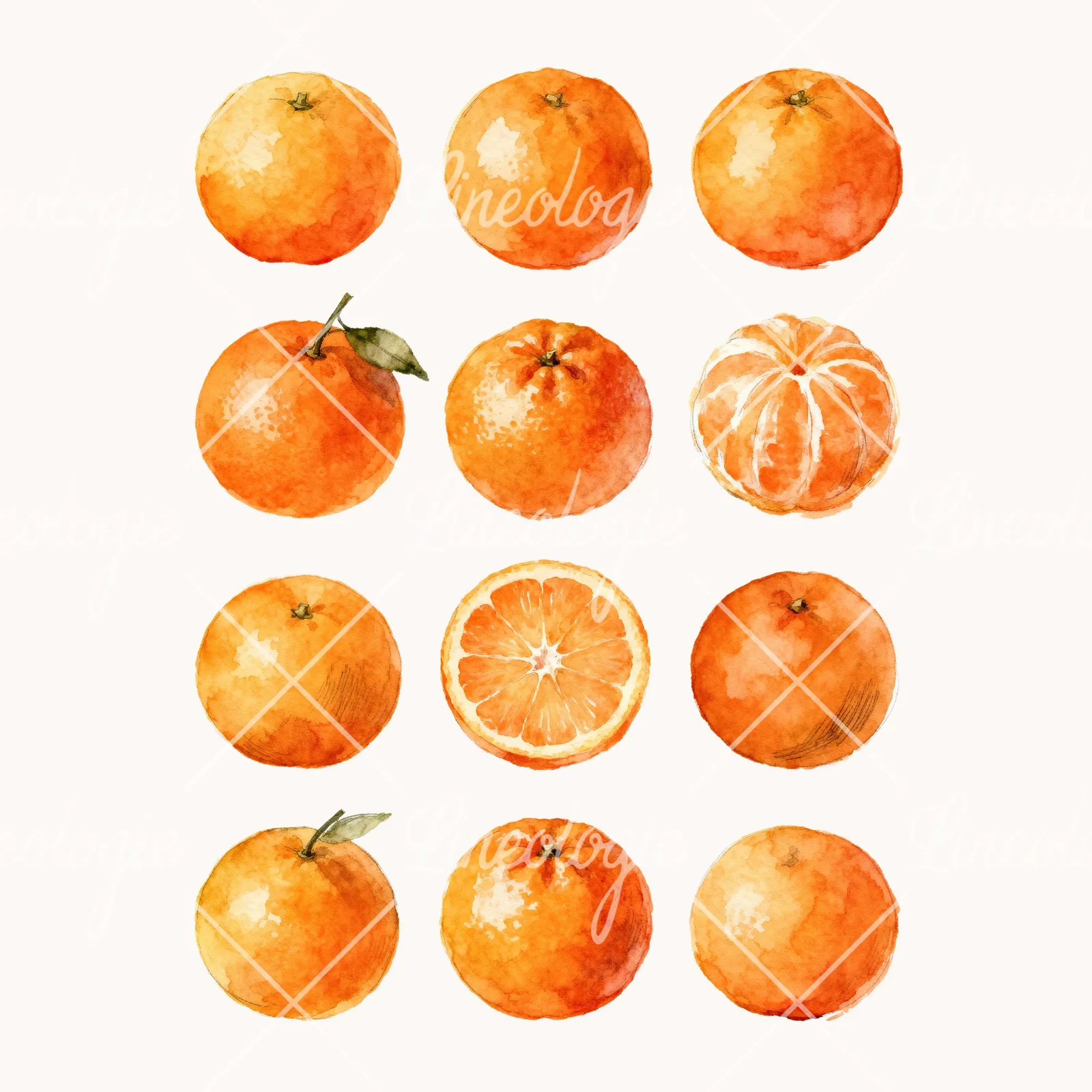 Watercolor Orange with Peeled Segment Clipart, all 12 illustrations in the pack
