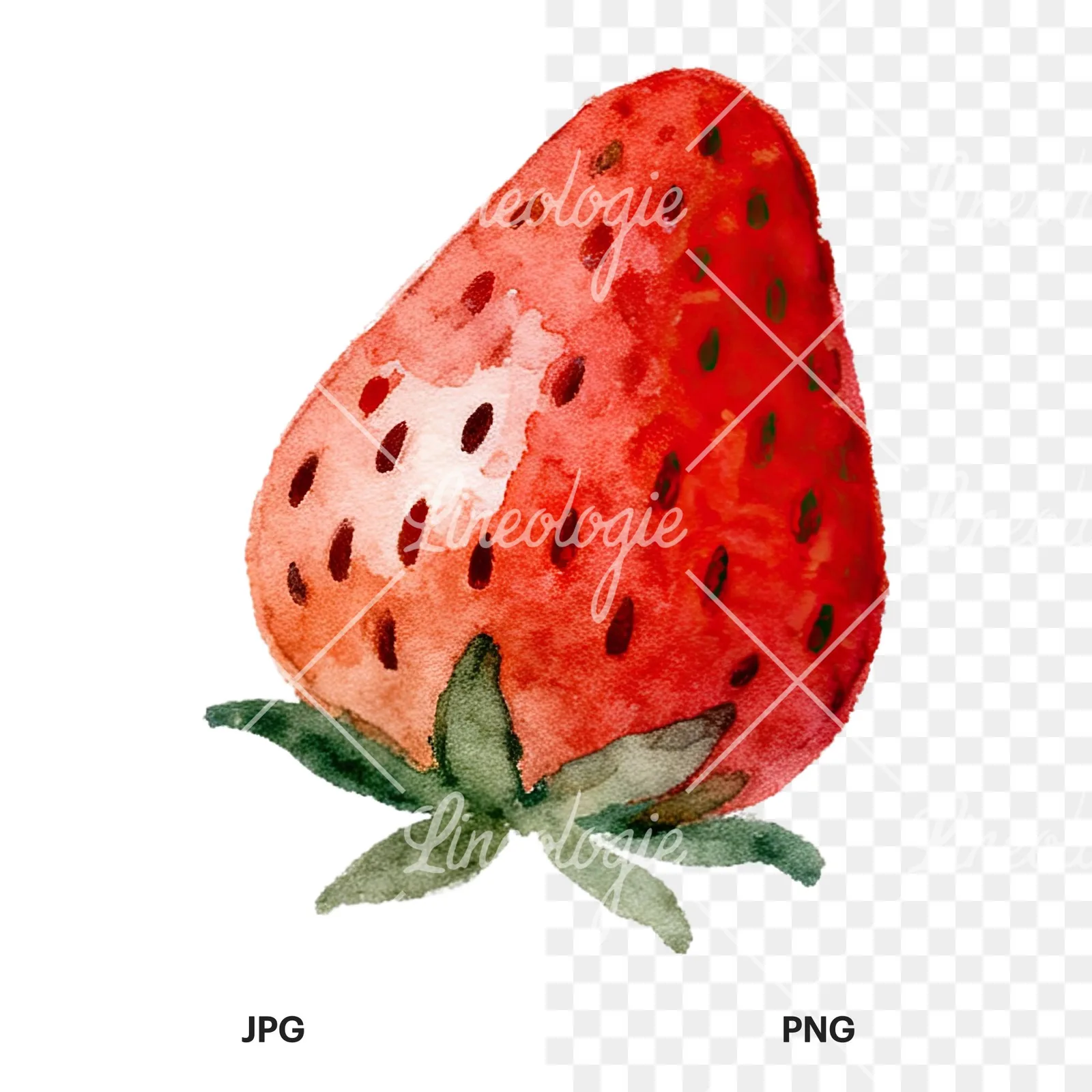 Watercolor sliced and whole strawberry clipart 11 of 12, as a JPG on white and a transparent PNG