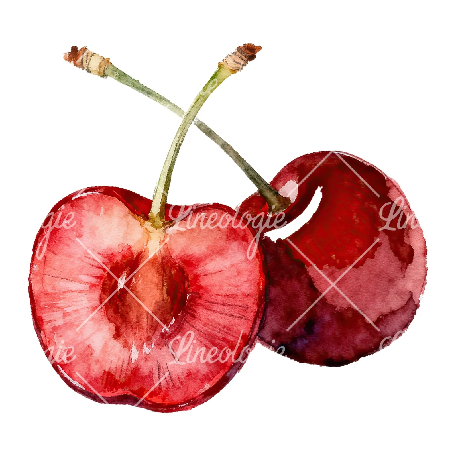 Watercolor single and paired cherry clipart 2 of 6 on a white background (JPG)