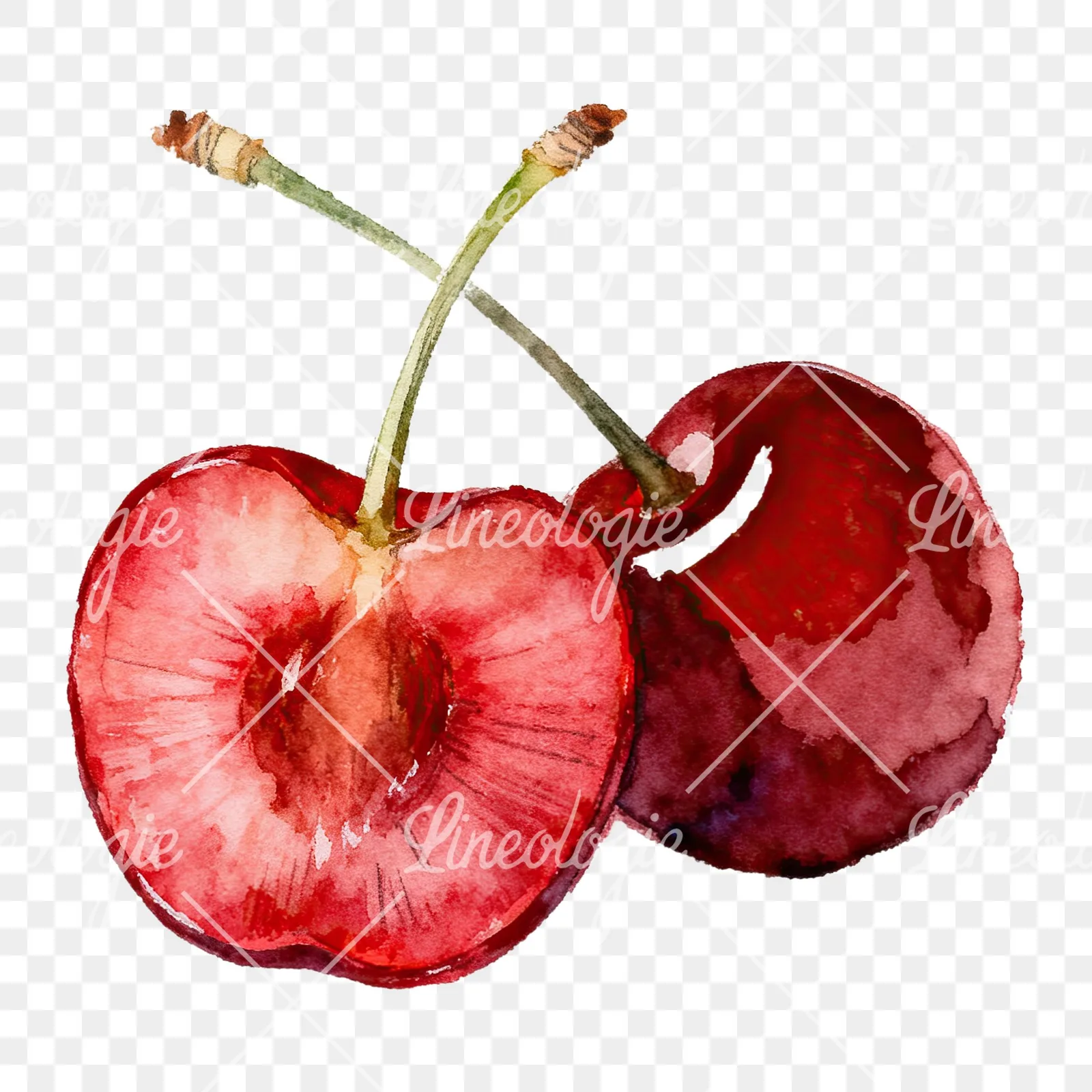 Watercolor single and paired cherry clipart 2 of 6 on a transparent background (PNG)