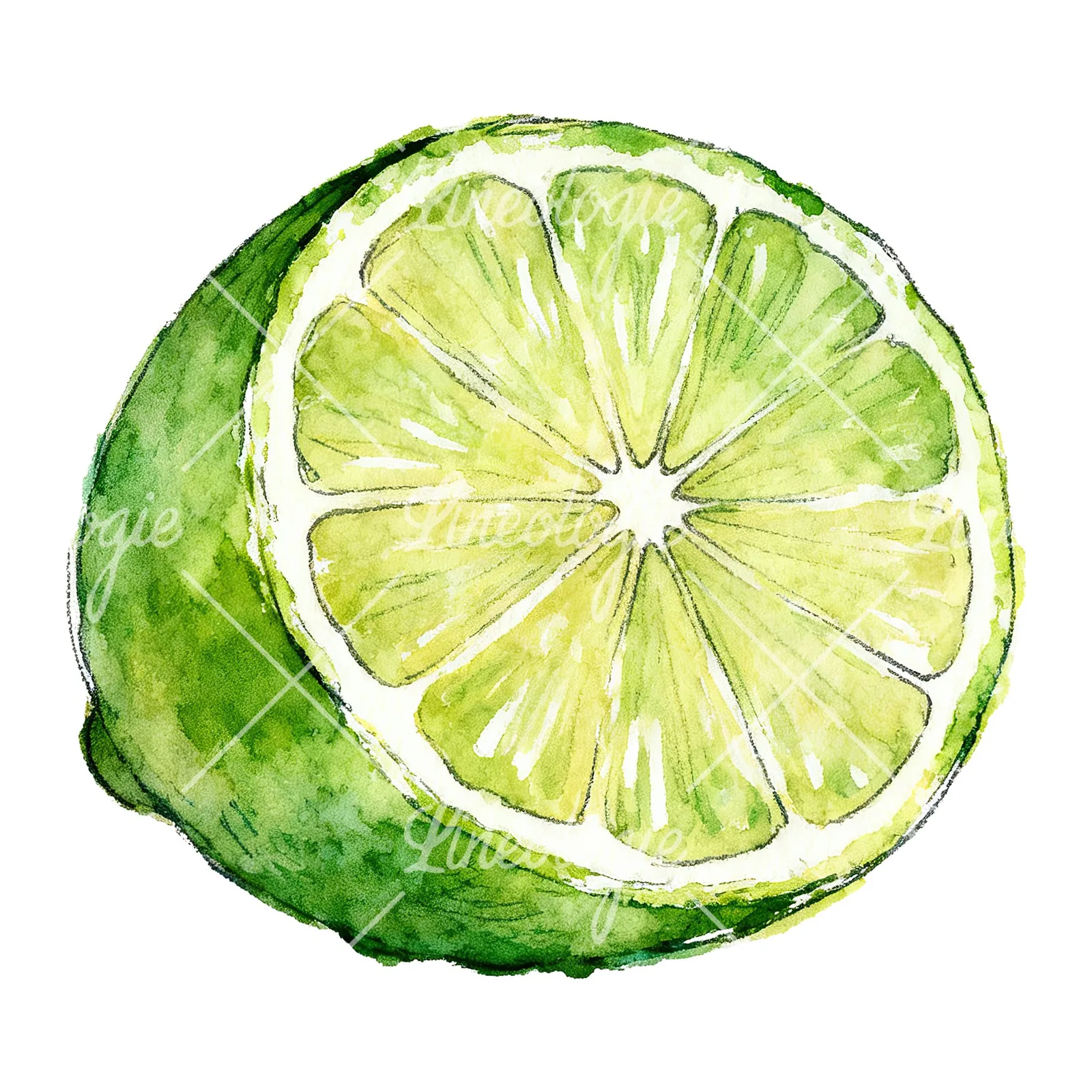 Watercolor lime with glossy skin clipart 3 of 6 on a white background (JPG)