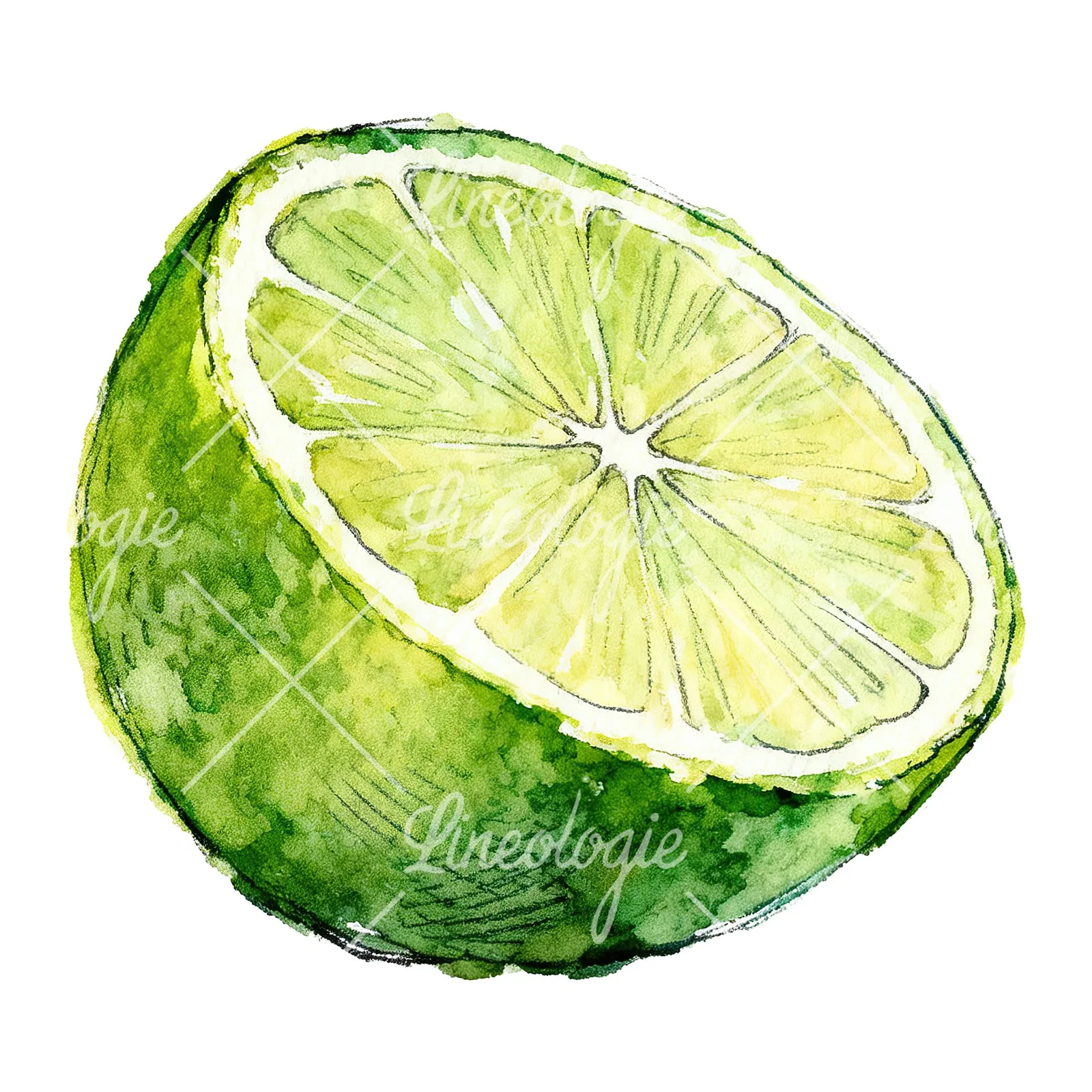 Watercolor lime with glossy skin clipart 5 of 6 on a white background (JPG)