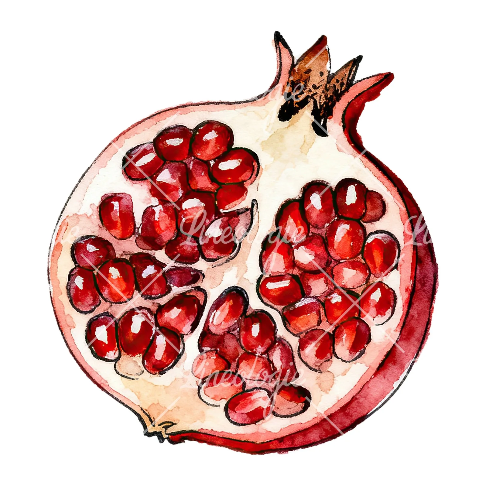 Watercolor pomegranate with halved views clipart 4 of 6 on a white background (JPG)